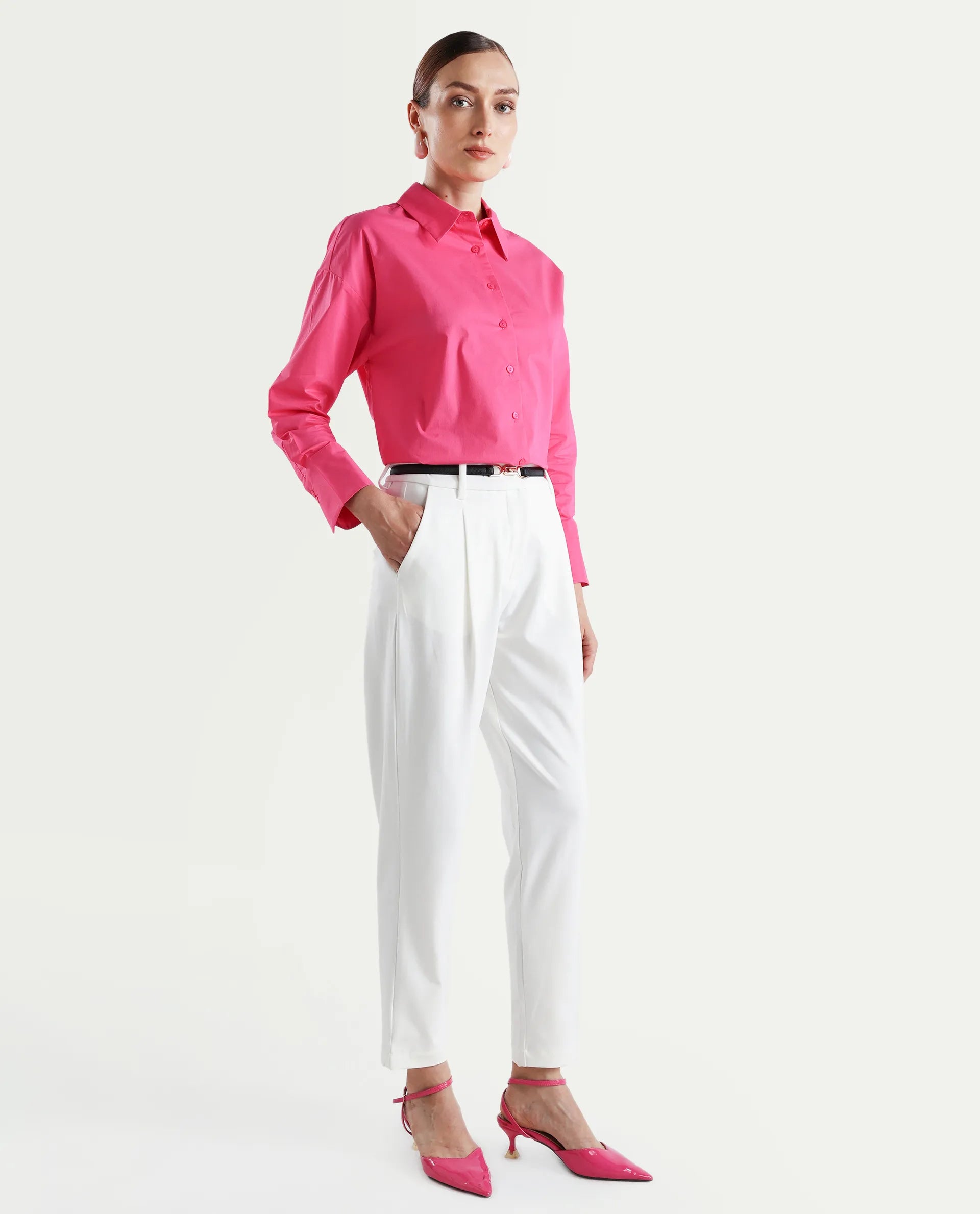 Rareism Women's Kaish Off White Polyester Blend Plain Ankle Length Tapered Trouser