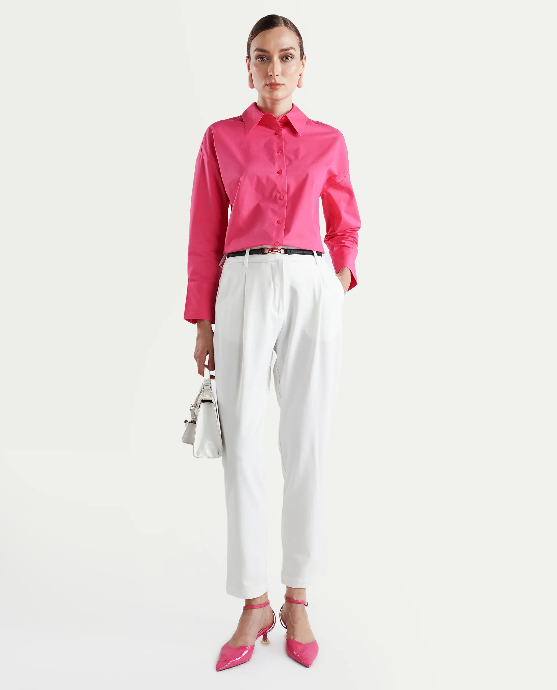 Rareism Women's Kaish Off White Polyester Blend Plain Ankle Length Tapered Trouser