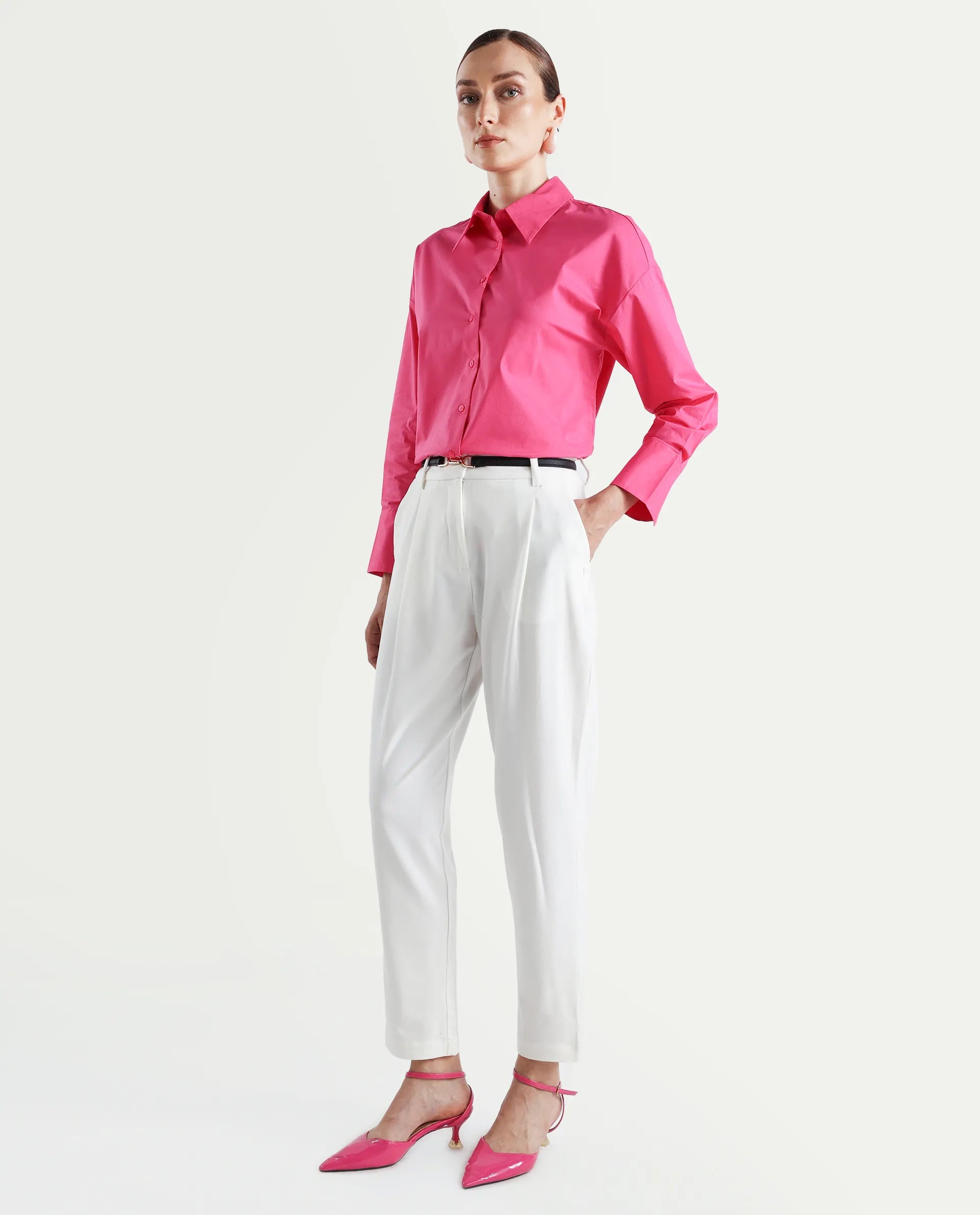 Rareism Women's Kaish Off White Polyester Blend Plain Ankle Length Tapered Trouser