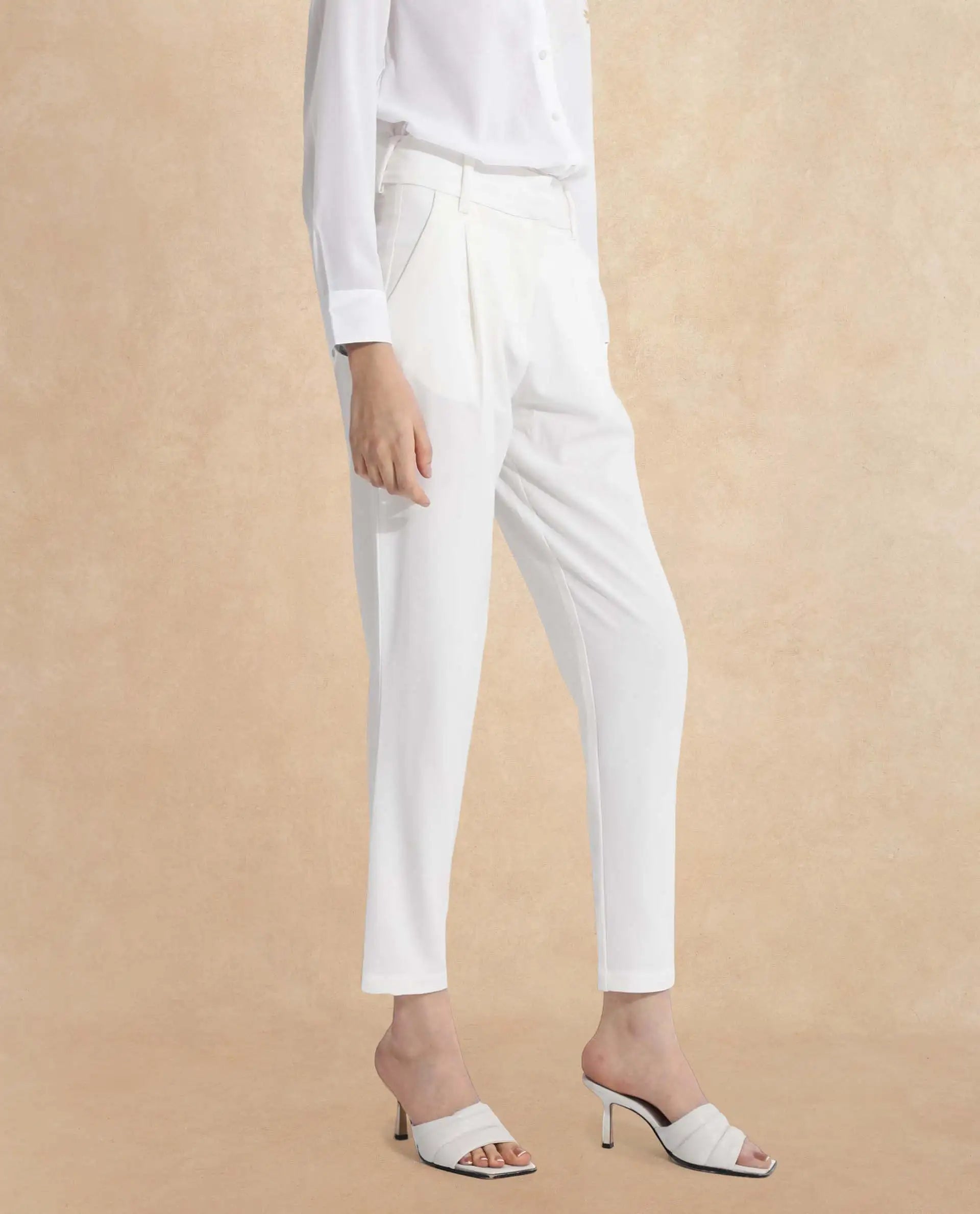 Rareism Women Kaish Off White Hook Tapered Fit Ankle Length Plain Trouser