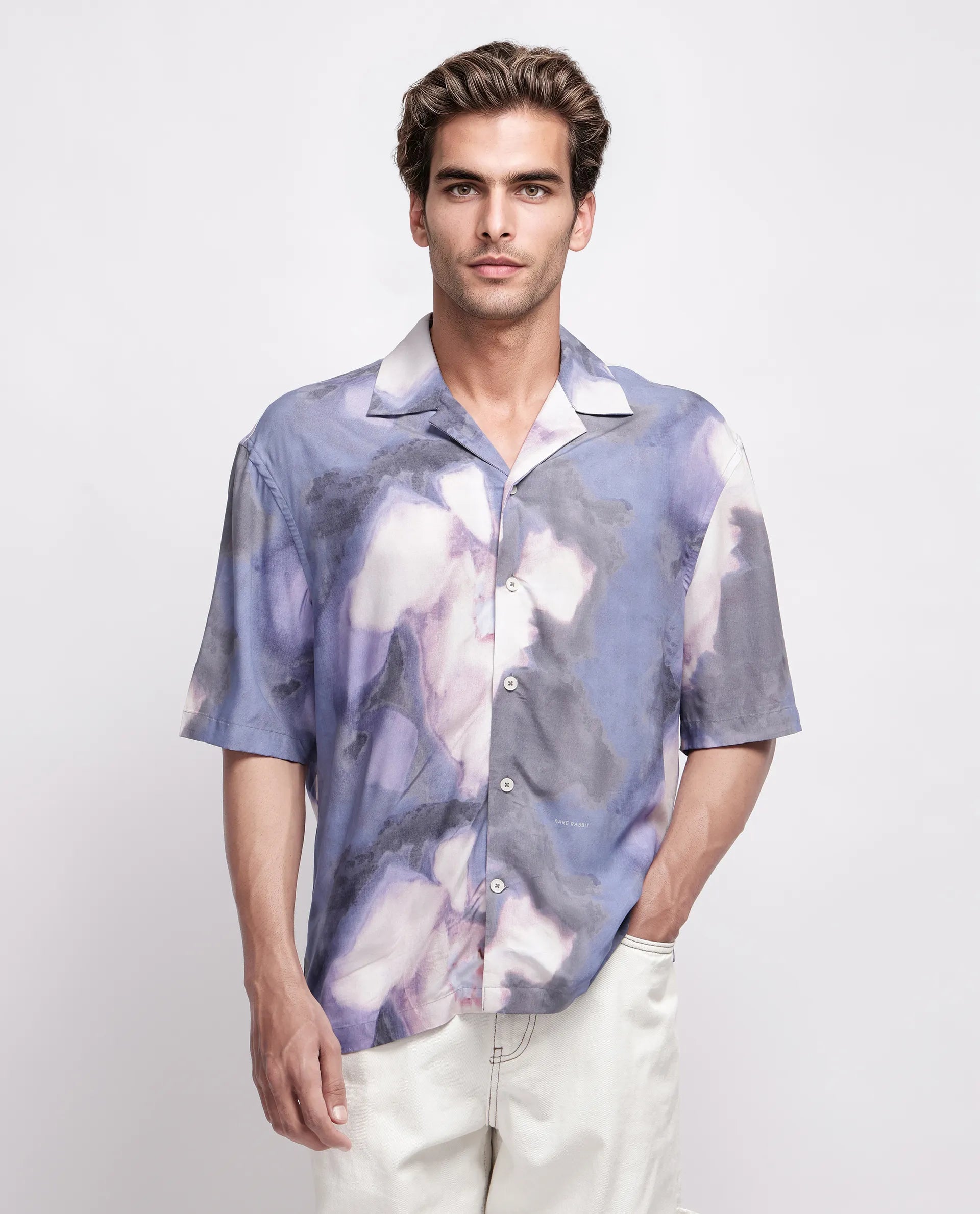 Rare Rabbit Men's Kaito Light Purple Viscose Abstract Print Boxy Fit Half Sleeve Cuban Collar Shirt