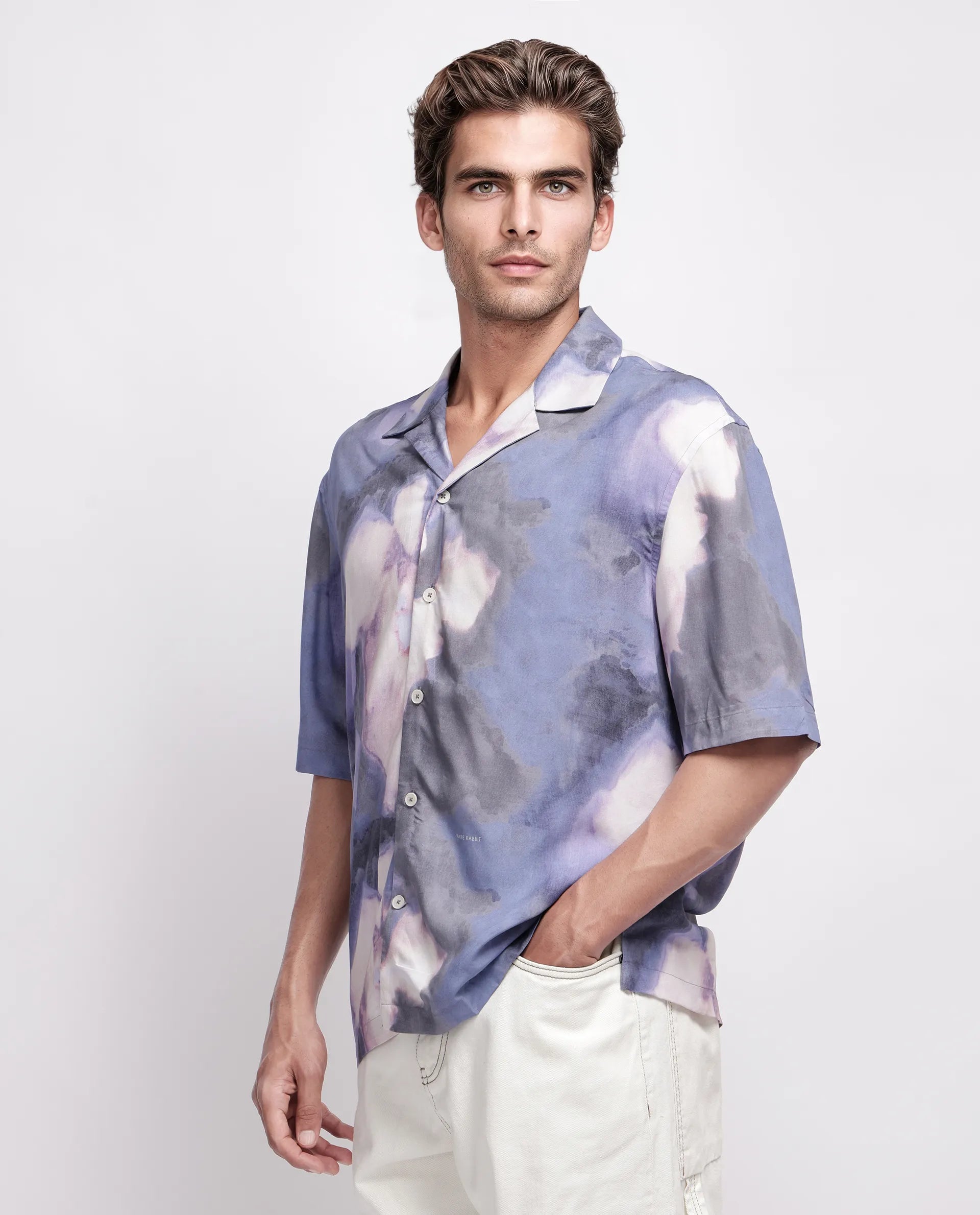 Rare Rabbit Men's Kaito Light Purple Viscose Abstract Print Boxy Fit Half Sleeve Cuban Collar Shirt