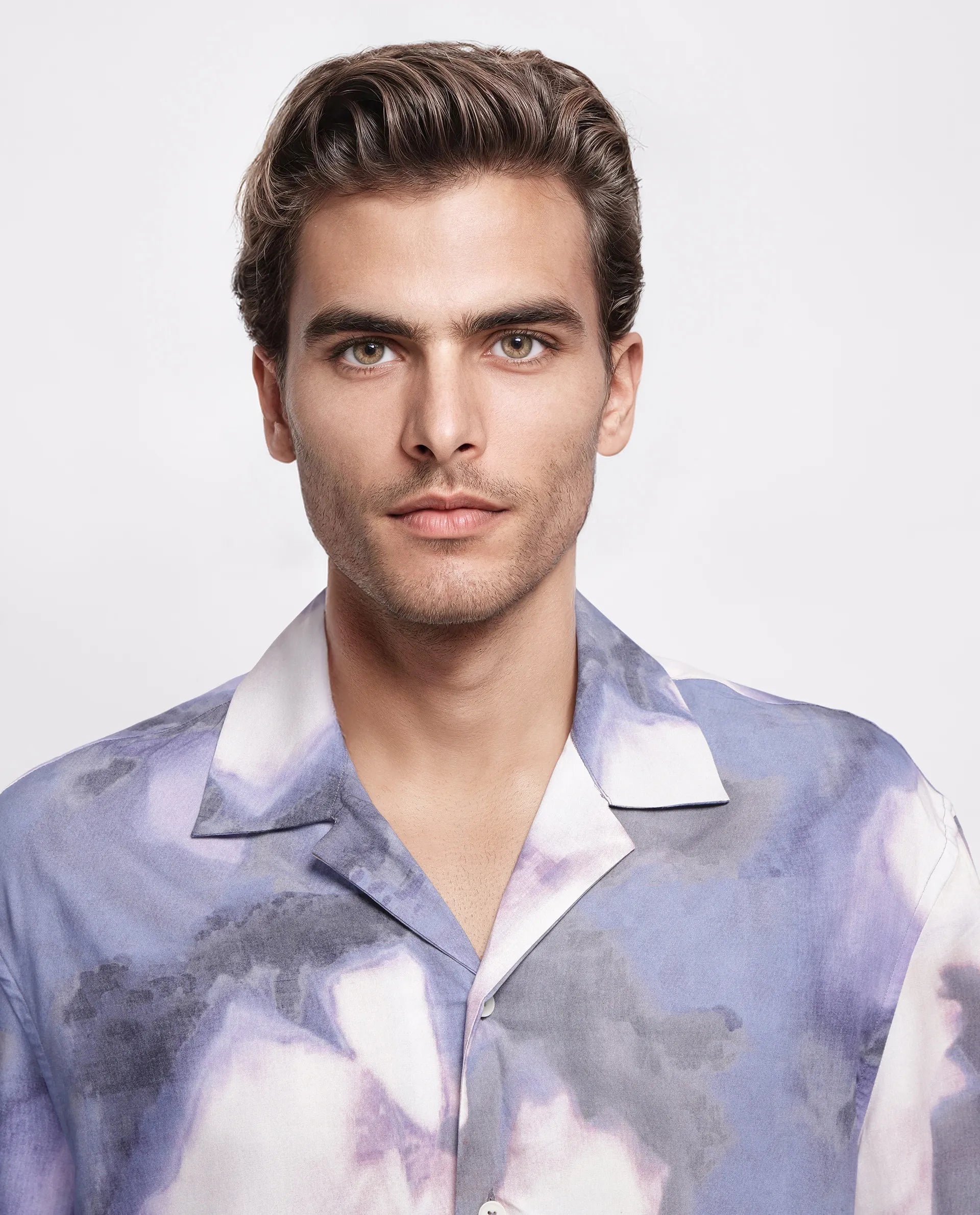 Rare Rabbit Men's Kaito Light Purple Viscose Abstract Print Boxy Fit Half Sleeve Cuban Collar Shirt