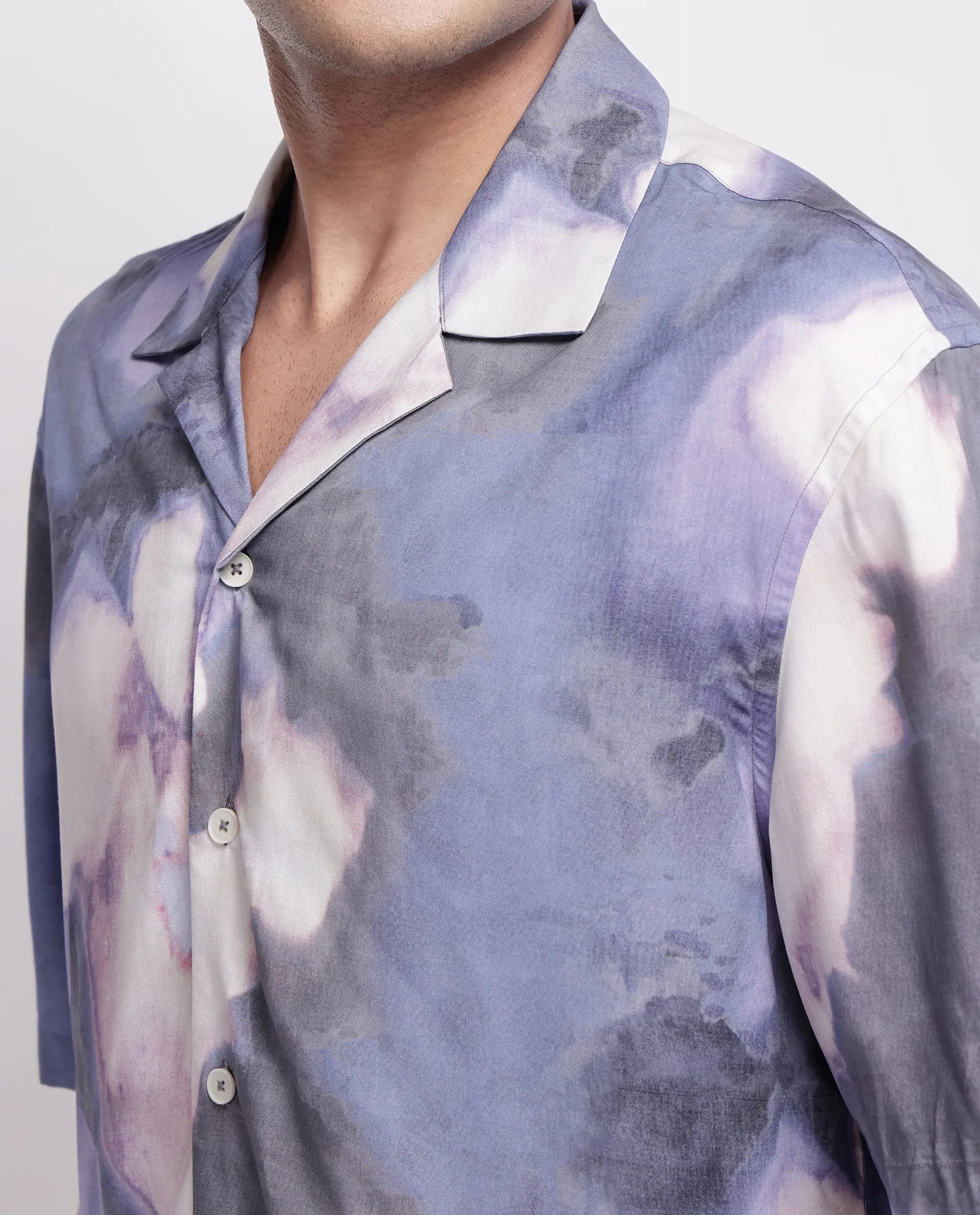 Rare Rabbit Men's Kaito Light Purple Viscose Abstract Print Boxy Fit Half Sleeve Cuban Collar Shirt