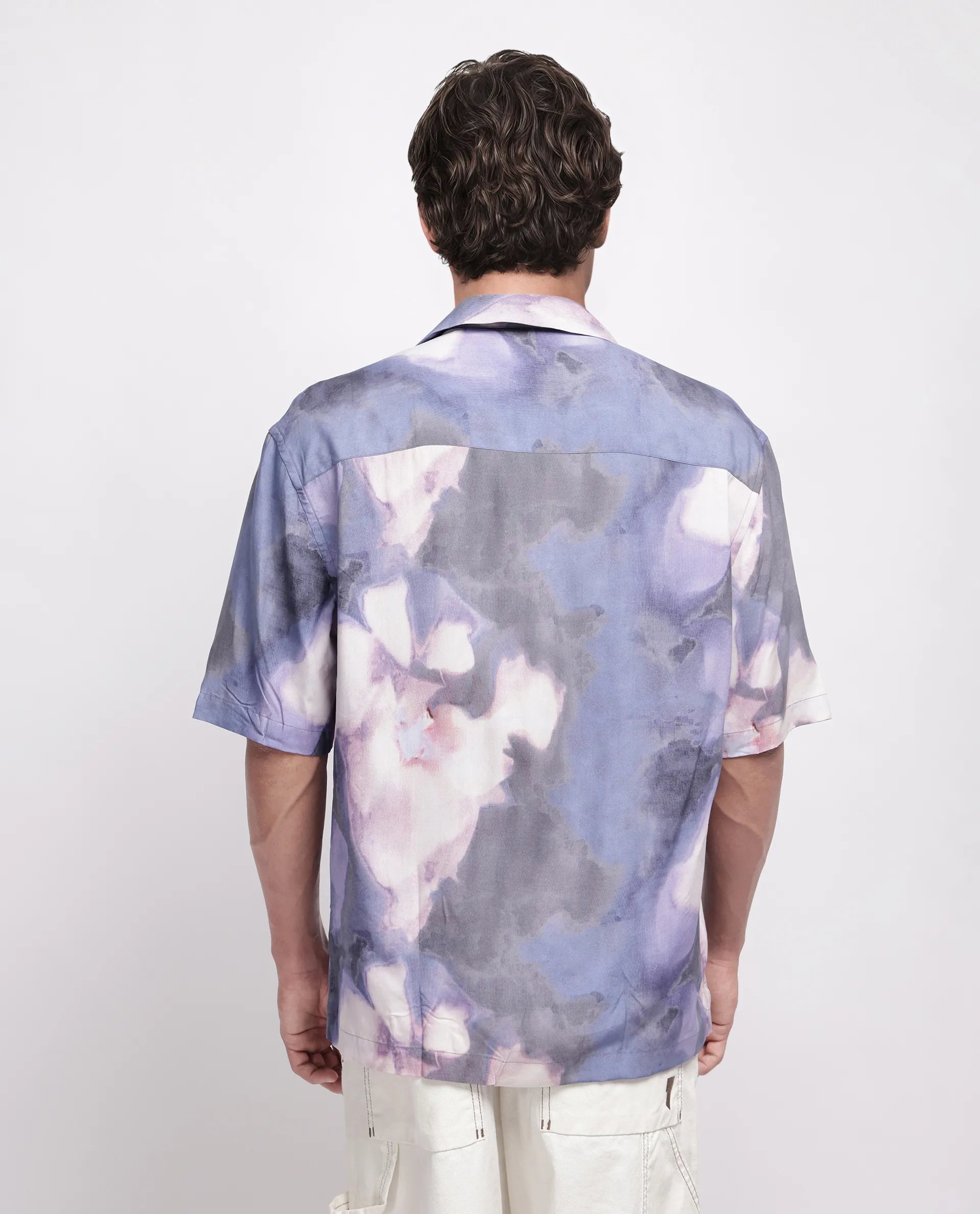 Rare Rabbit Men's Kaito Light Purple Viscose Abstract Print Boxy Fit Half Sleeve Cuban Collar Shirt