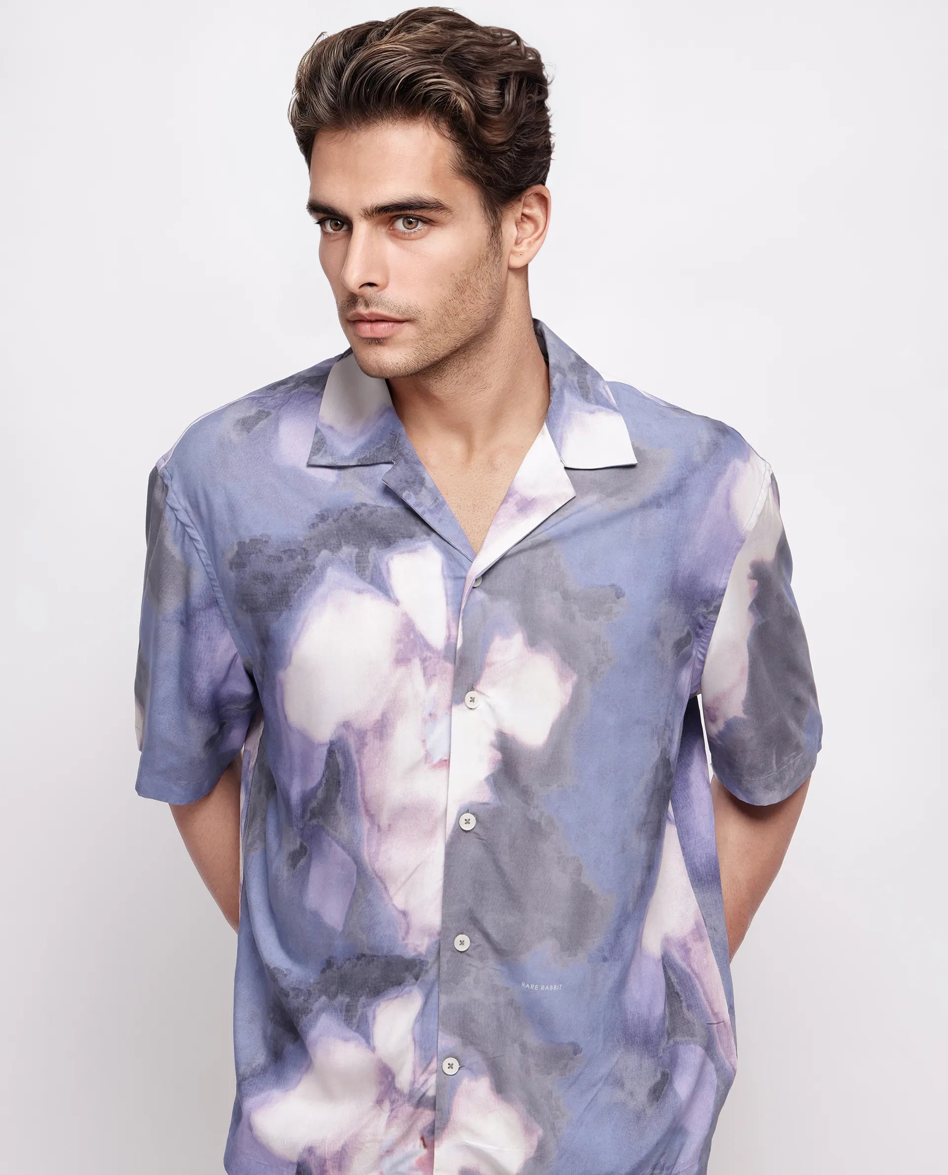Rare Rabbit Men's Kaito Light Purple Viscose Abstract Print Boxy Fit Half Sleeve Cuban Collar Shirt