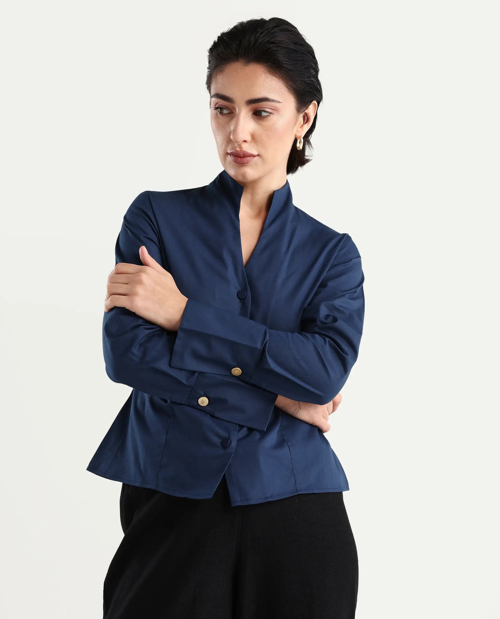 Rareism Women's Kaldo Light Navy Cotton Blend High Neck Plain Crop Regular Fit Top