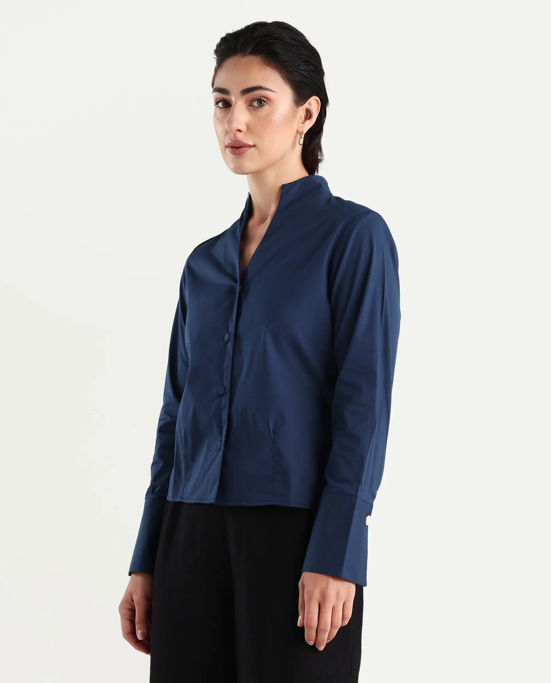 Rareism Women's Kaldo Light Navy Cotton Blend High Neck Plain Crop Regular Fit Top