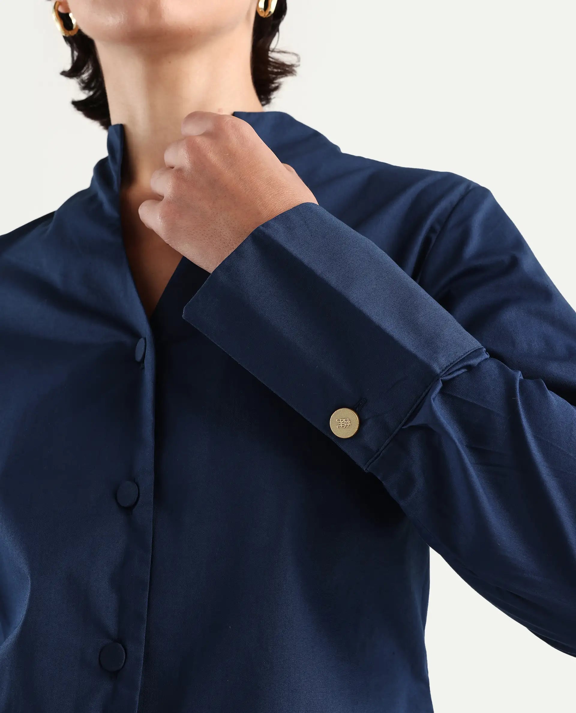 Rareism Women's Kaldo Light Navy Cotton Blend High Neck Plain Crop Regular Fit Top