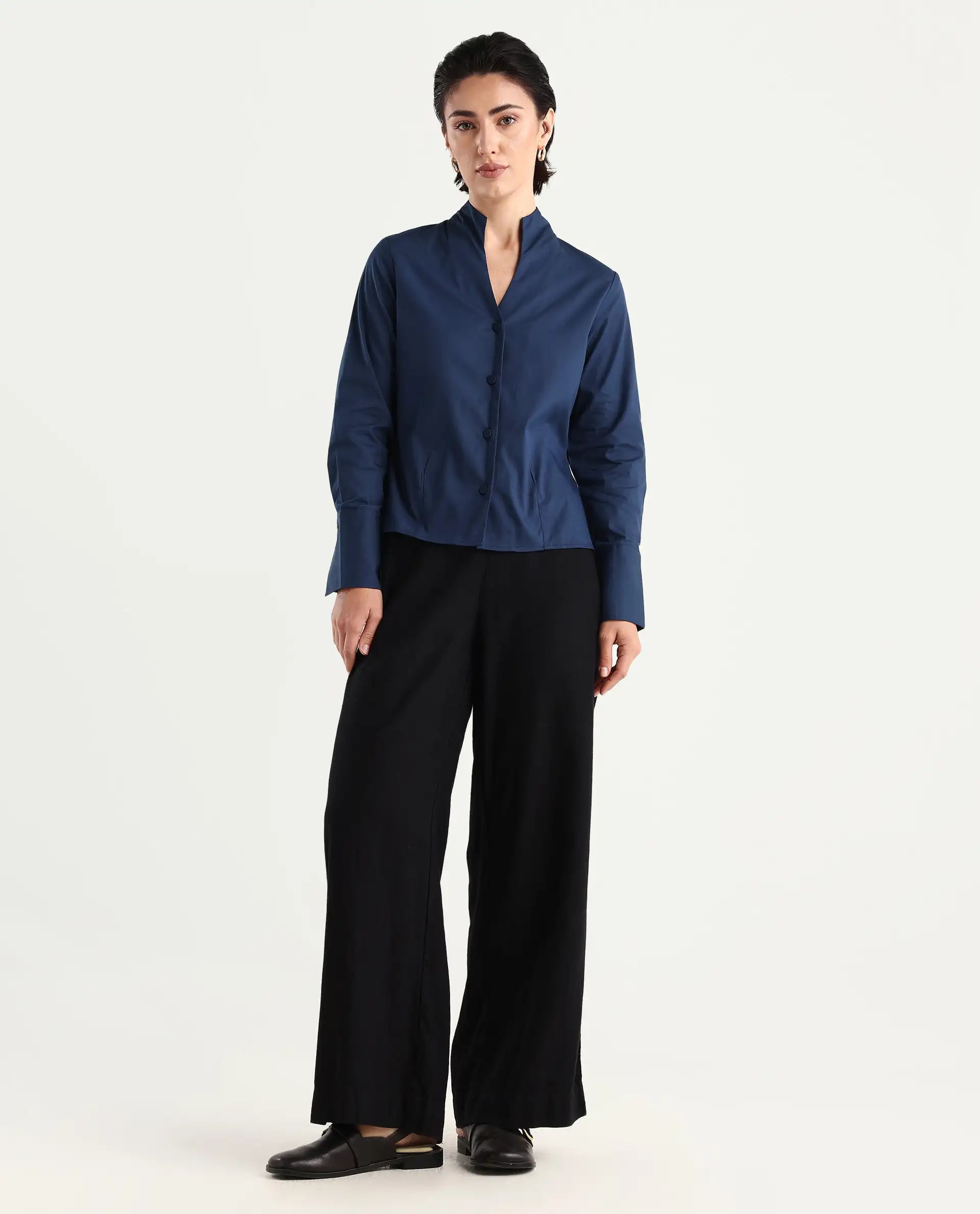 Rareism Women's Kaldo Light Navy Cotton Blend High Neck Plain Crop Regular Fit Top