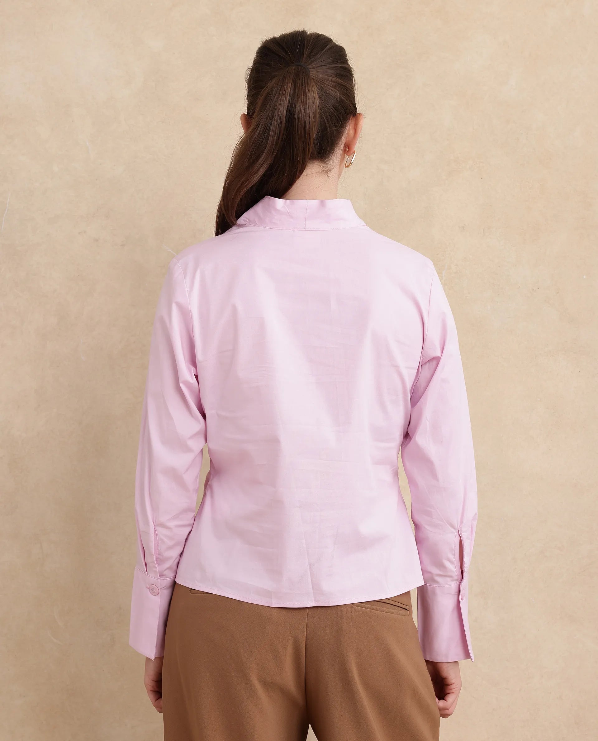 Rareism Women Kaldo Light Pink Cotton Fabric Regular Sleeves High Neck Button Closure Cropped Plain Shirt