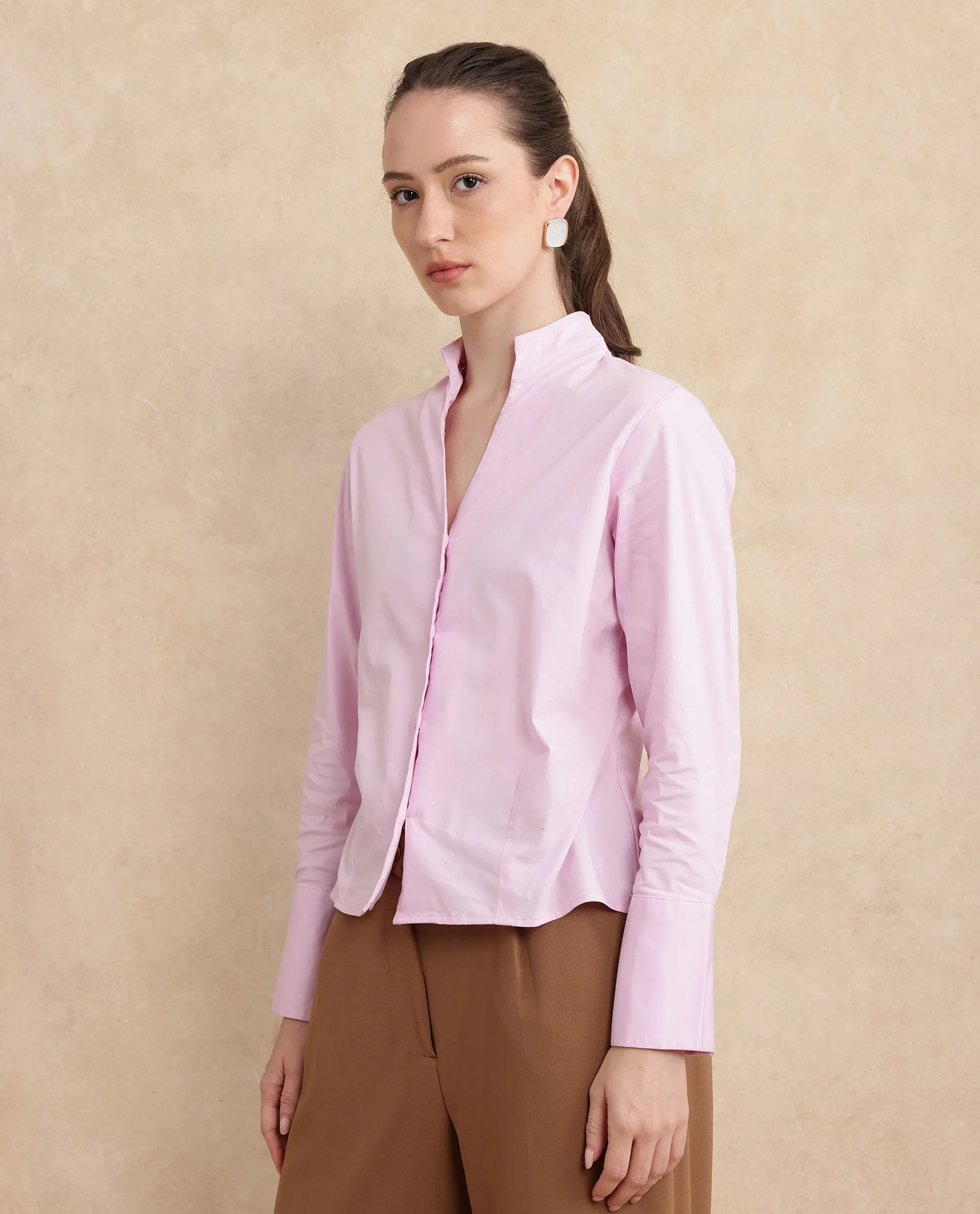 Rareism Women Kaldo Light Pink Cotton Fabric Regular Sleeves High Neck Button Closure Cropped Plain Shirt