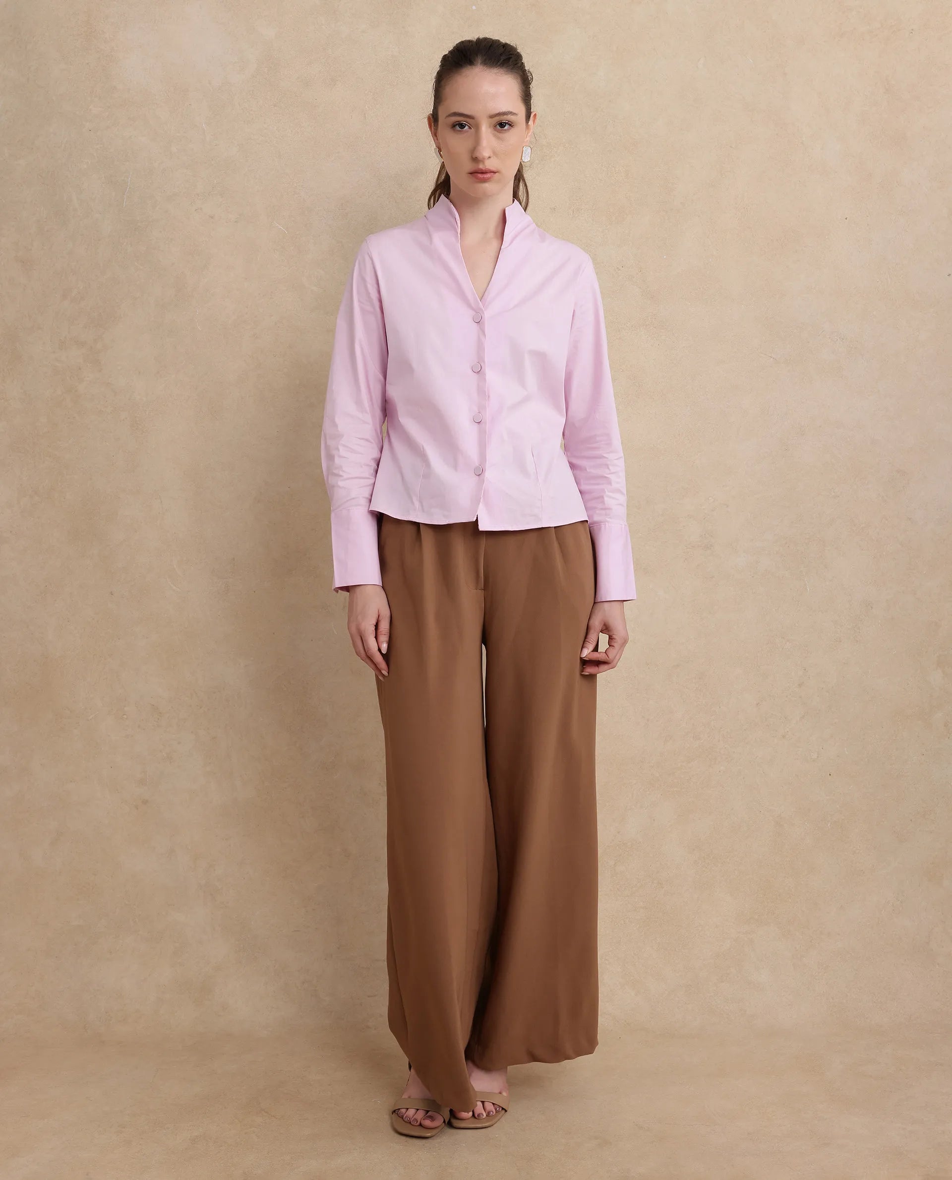 Rareism Women Kaldo Light Pink Cotton Fabric Regular Sleeves High Neck Button Closure Cropped Plain Shirt