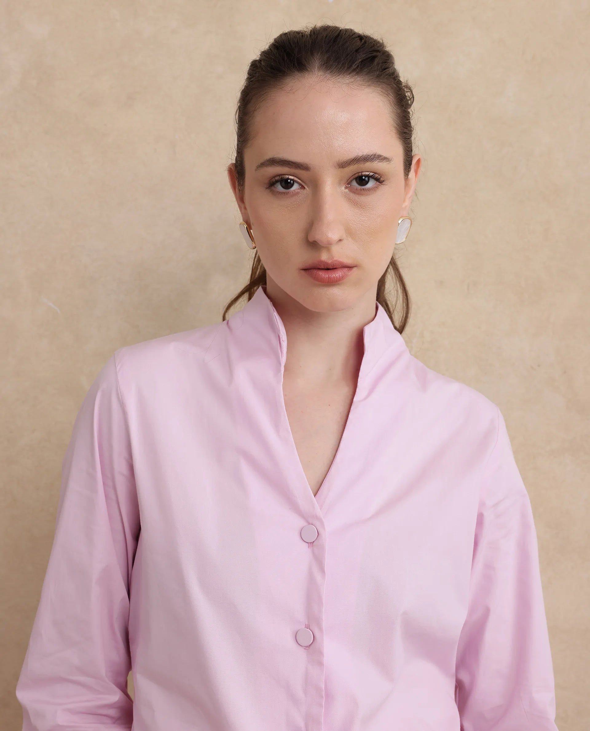 Rareism Women Kaldo Light Pink Cotton Fabric Regular Sleeves High Neck Button Closure Cropped Plain Shirt