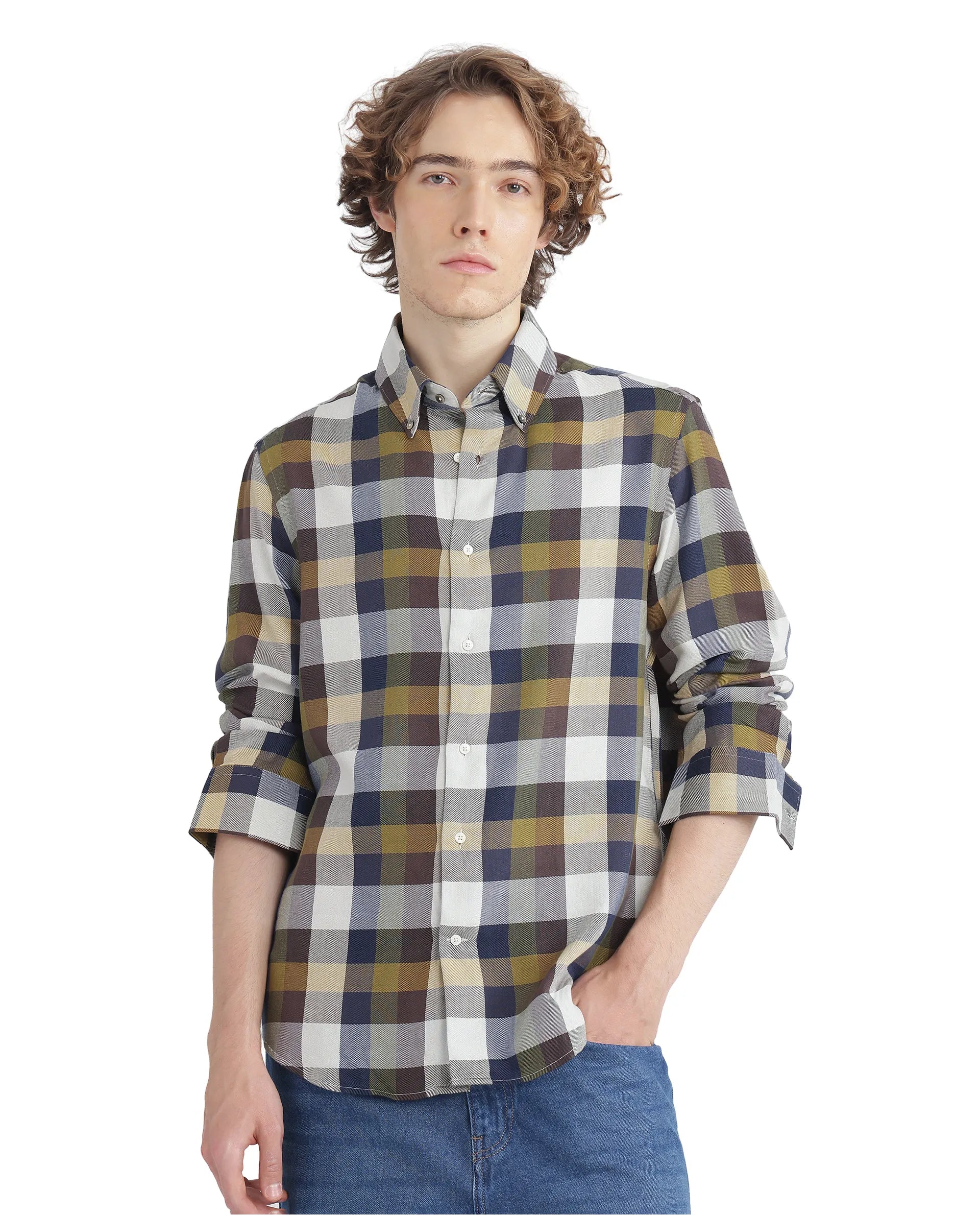 Rare Rabbit Men's Kalen Multi Cotton Fabric Regular Fit Checks Shirt