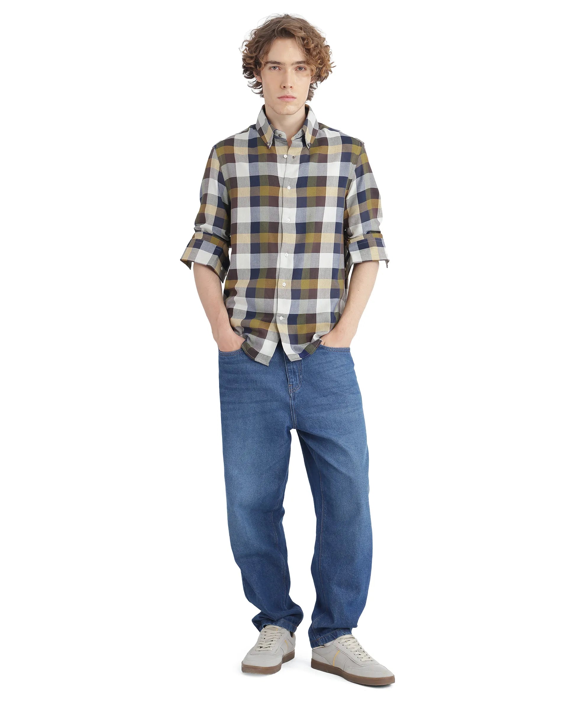 Rare Rabbit Men's Kalen Multi Cotton Fabric Regular Fit Checks Shirt