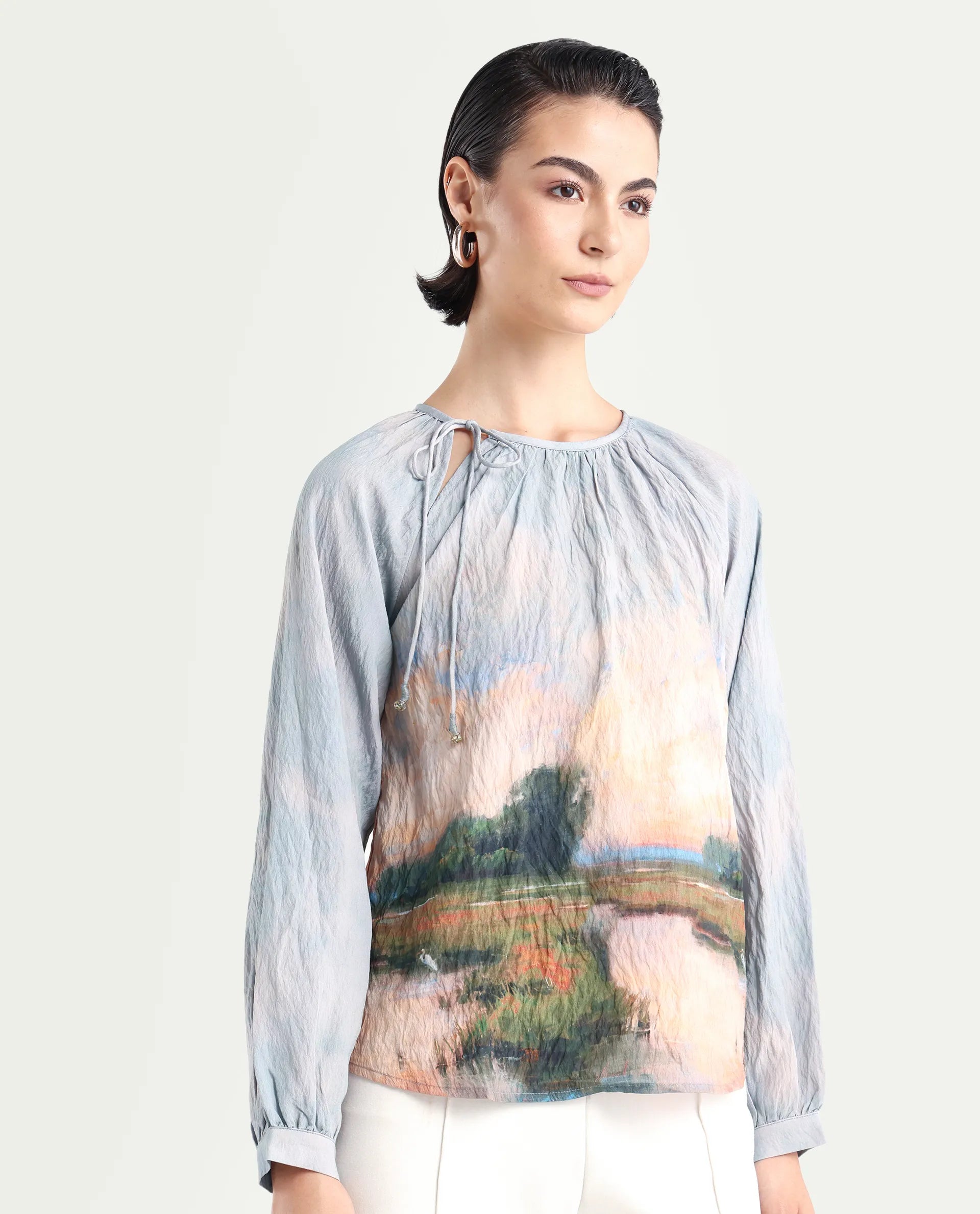 Rareism Women's Kall Multi Cotton Blend Boat Neck Graphic Print Raglan Sleeve Regular Fit Top