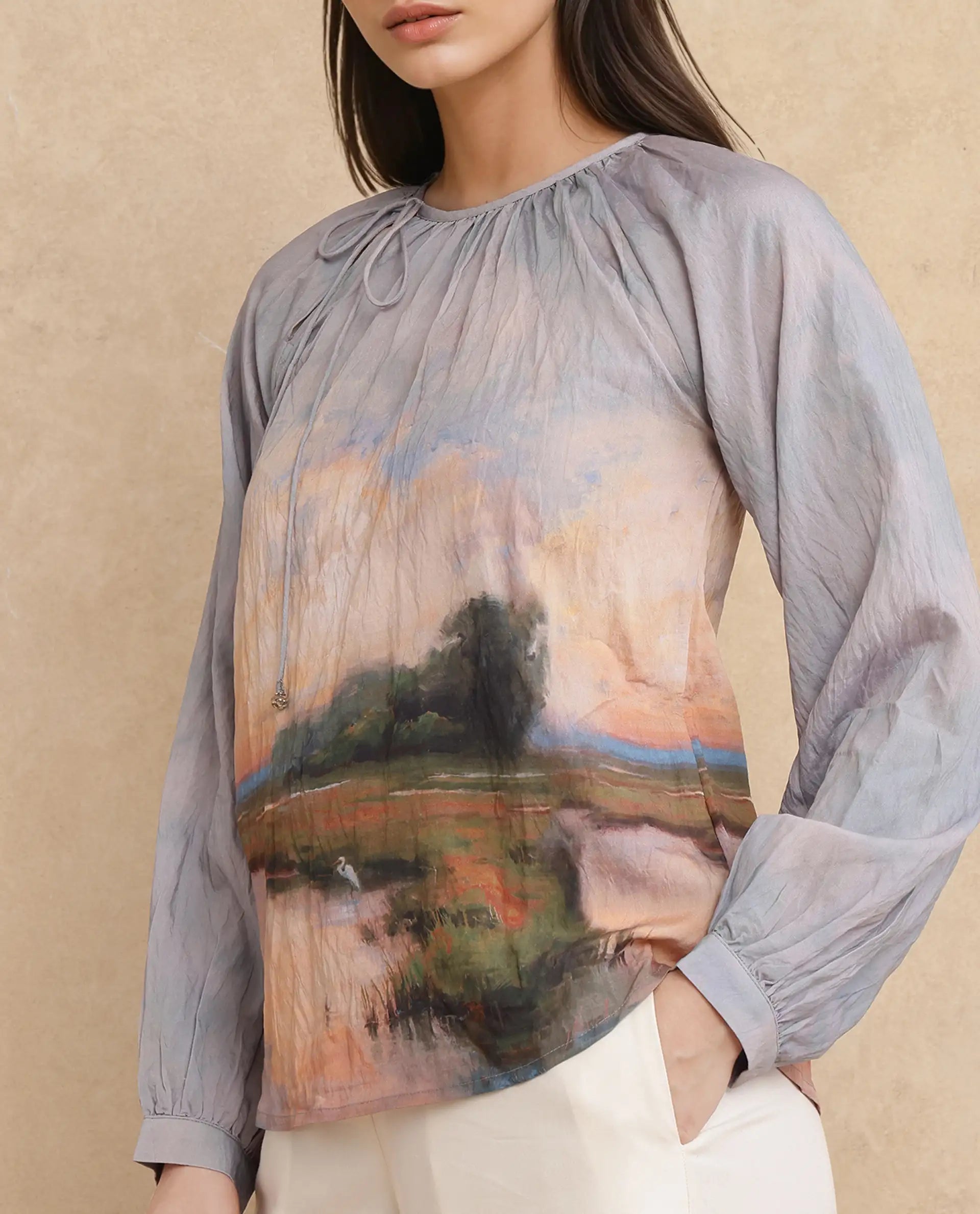 Rareism Women Kall Multi Nylon Viscose Fabric Raglan Sleeves Boat Neck Tie Up Closure Digital Print Top