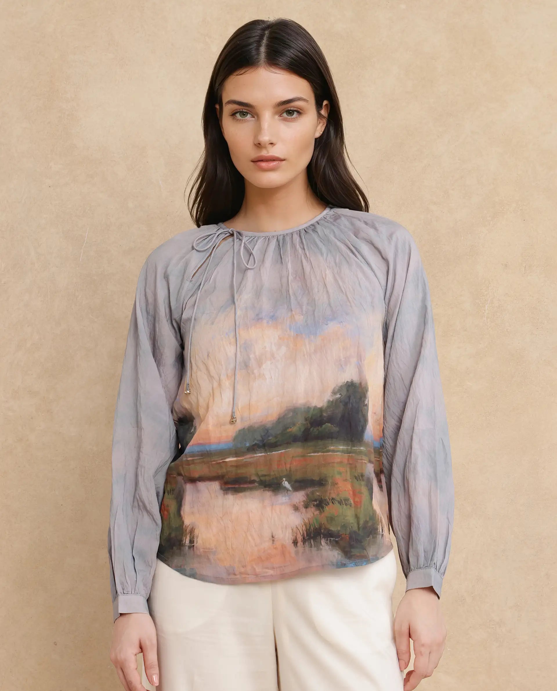 Rareism Women Kall Multi Nylon Viscose Fabric Raglan Sleeves Boat Neck Tie Up Closure Digital Print Top