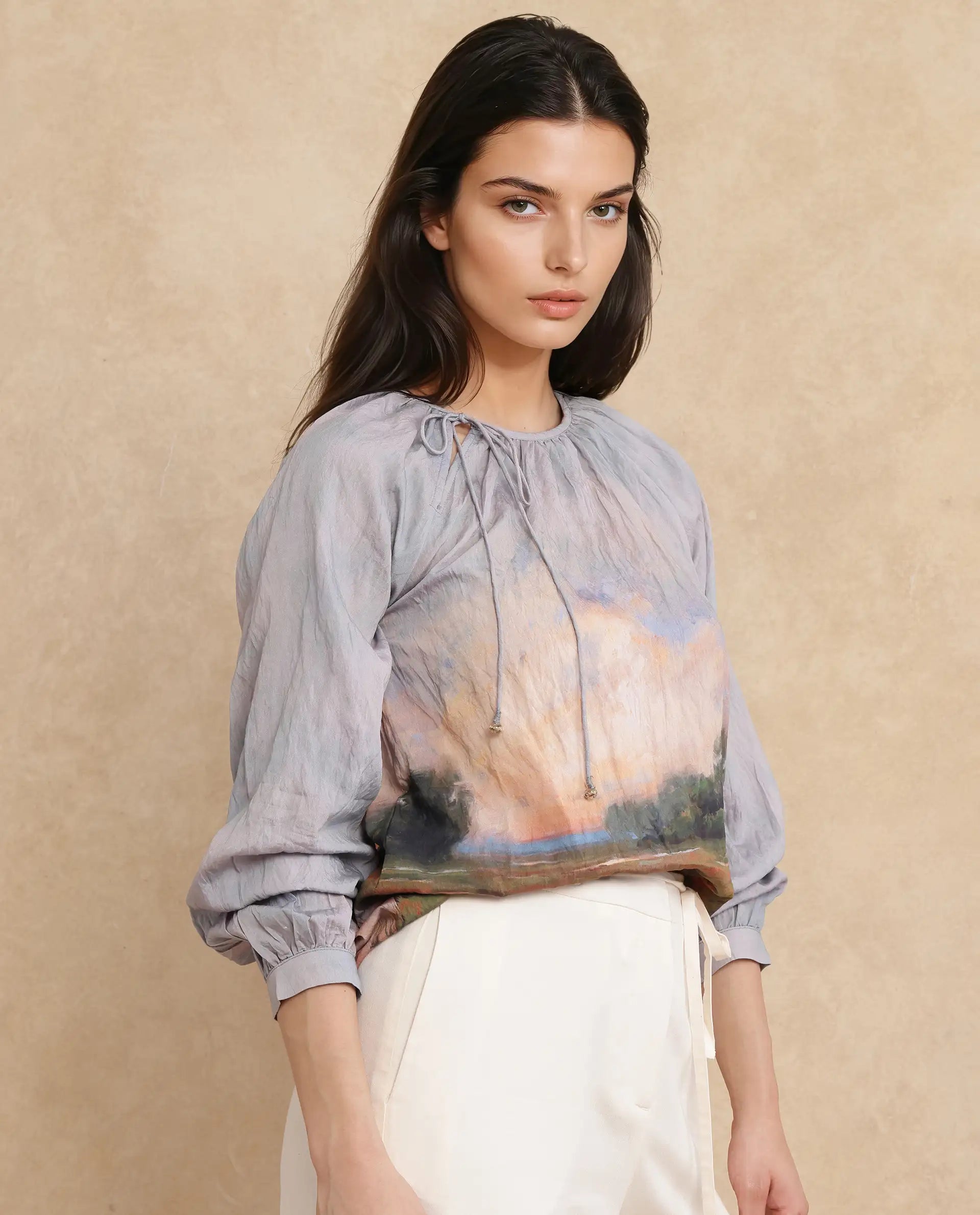 Rareism Women Kall Multi Nylon Viscose Fabric Raglan Sleeves Boat Neck Tie Up Closure Digital Print Top