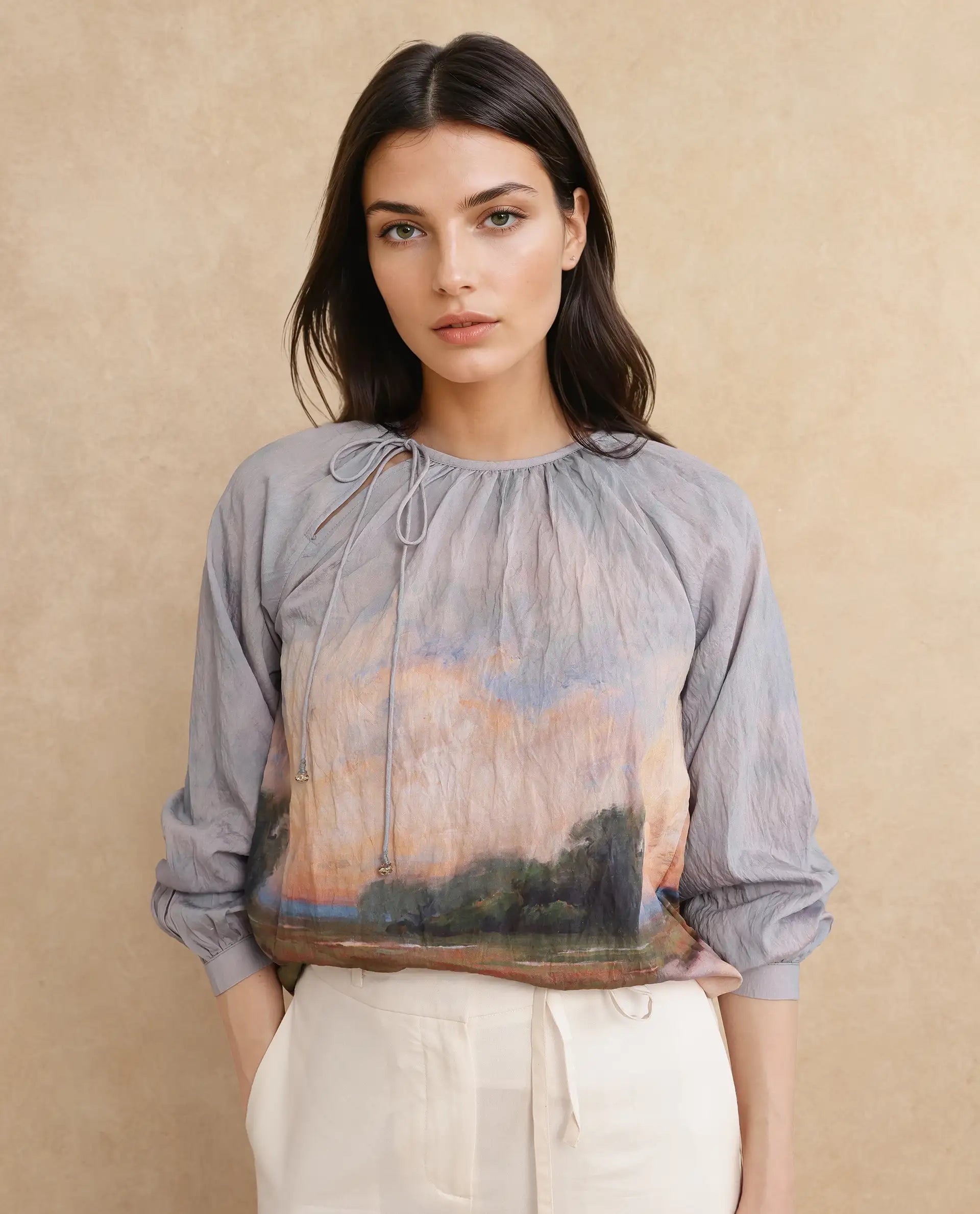 Rareism Women Kall Multi Nylon Viscose Fabric Raglan Sleeves Boat Neck Tie Up Closure Digital Print Top