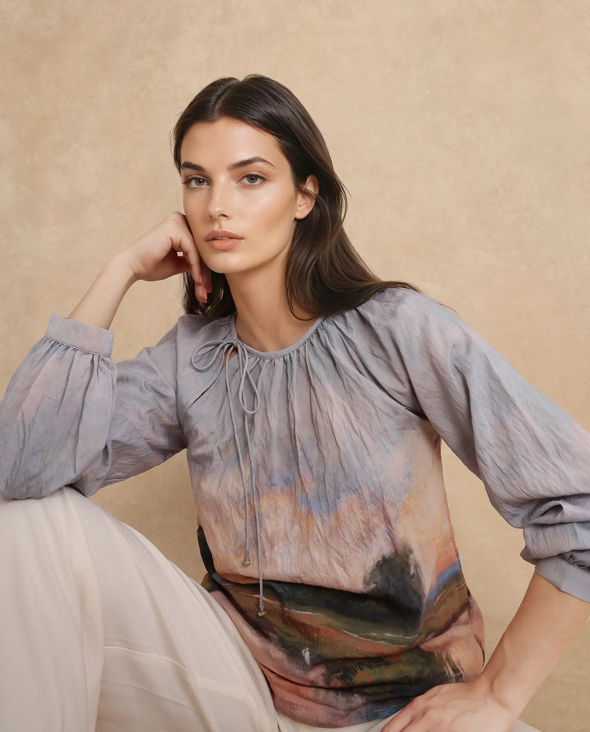 Rareism Women Kall Multi Nylon Viscose Fabric Raglan Sleeves Boat Neck Tie Up Closure Digital Print Top