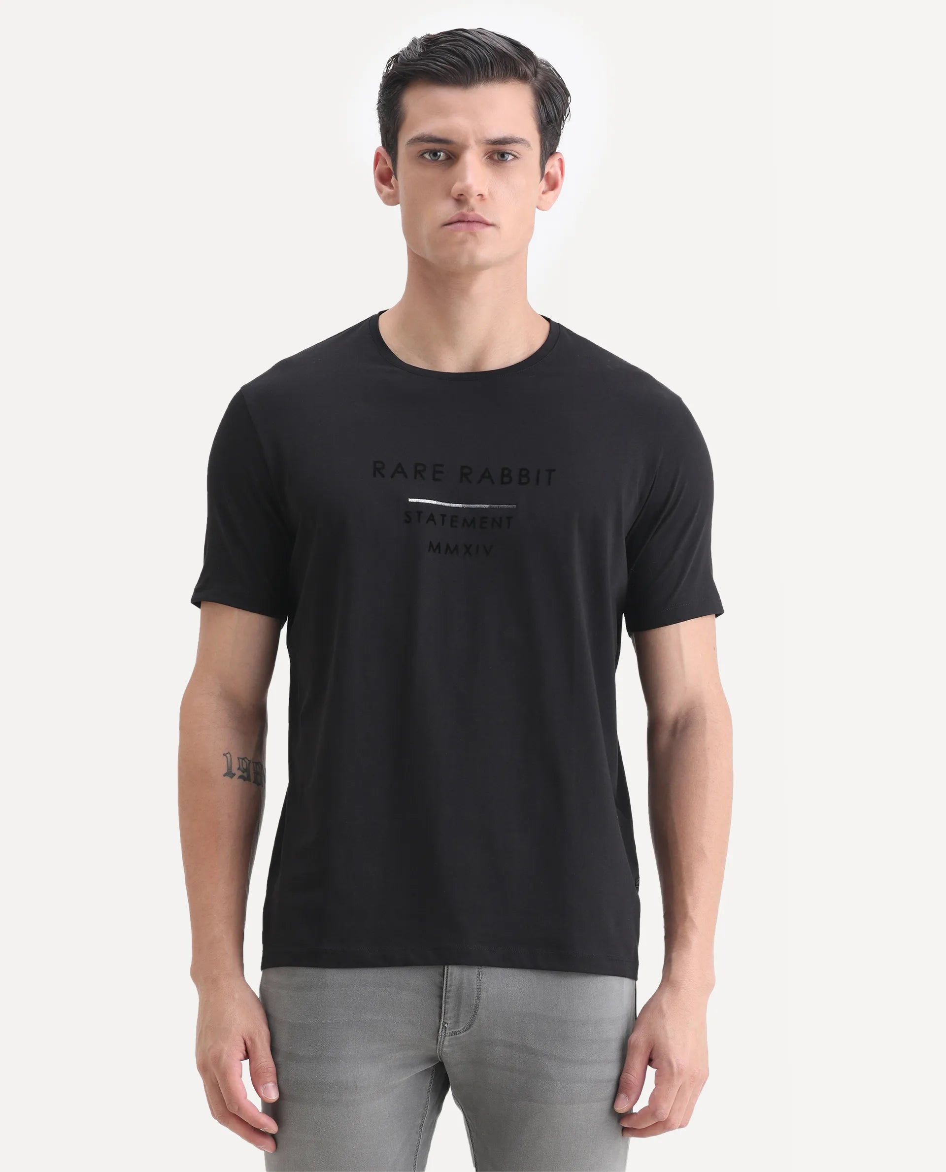 Rare Rabbit Men's Kalo Black Cotton Blend Graphic Print Regular Fit Half Sleeve Crew Neck T-Shirt