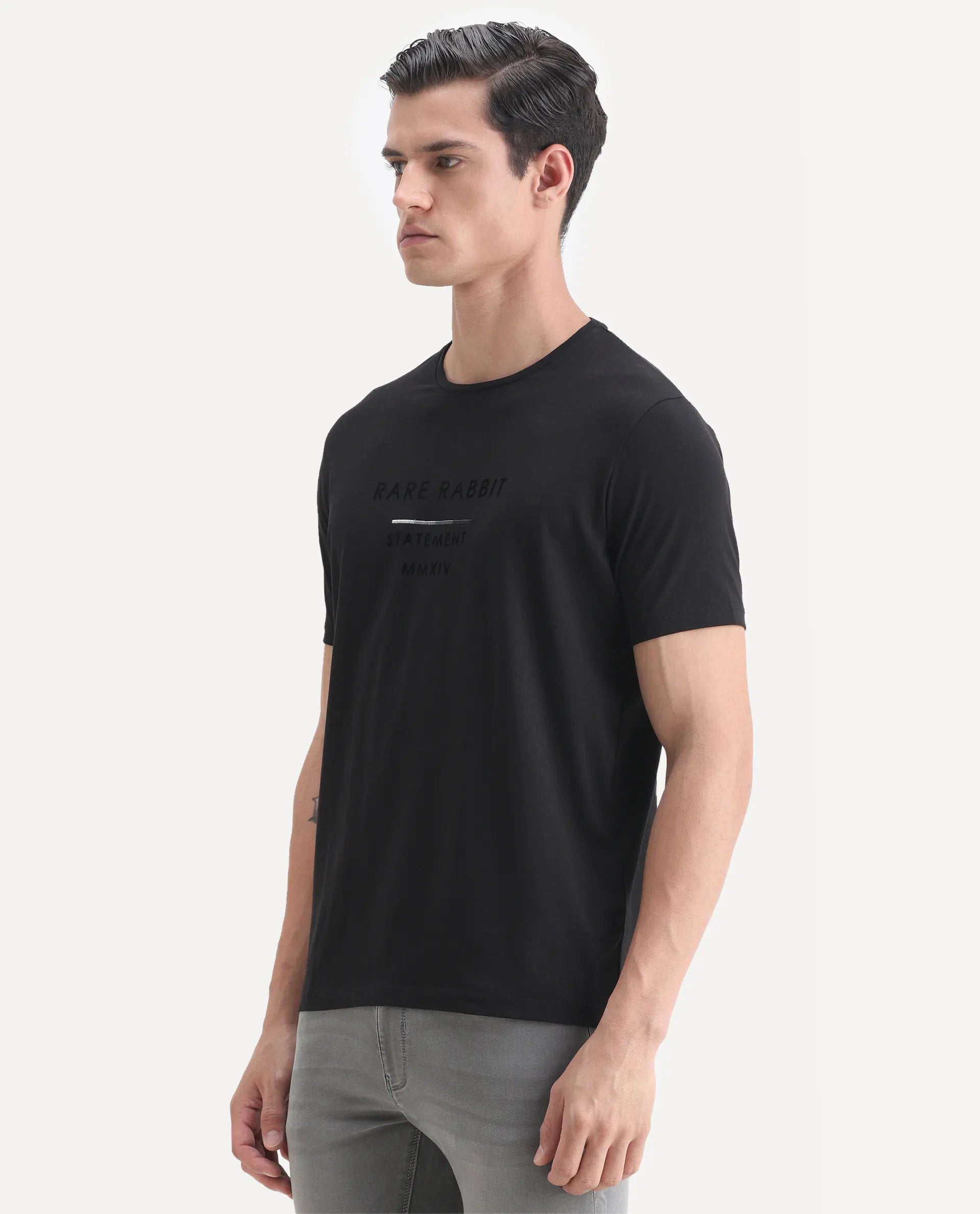 Rare Rabbit Men's Kalo Black Cotton Blend Graphic Print Regular Fit Half Sleeve Crew Neck T-Shirt
