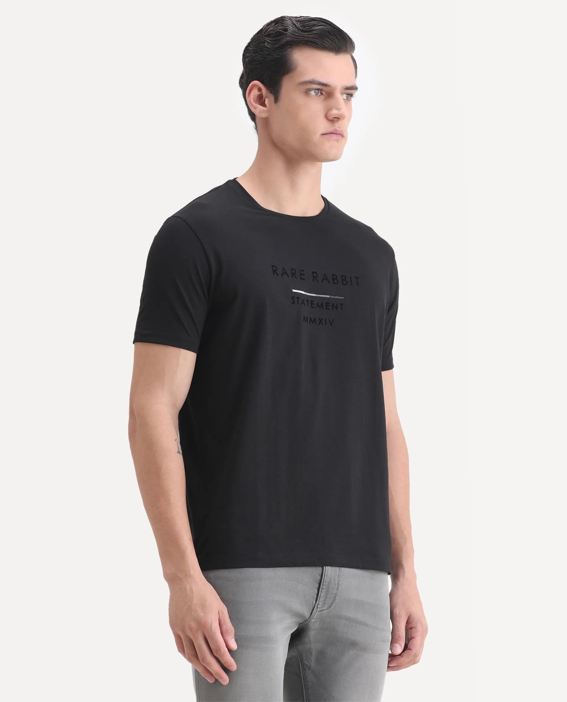 Rare Rabbit Men's Kalo Black Cotton Blend Graphic Print Regular Fit Half Sleeve Crew Neck T-Shirt