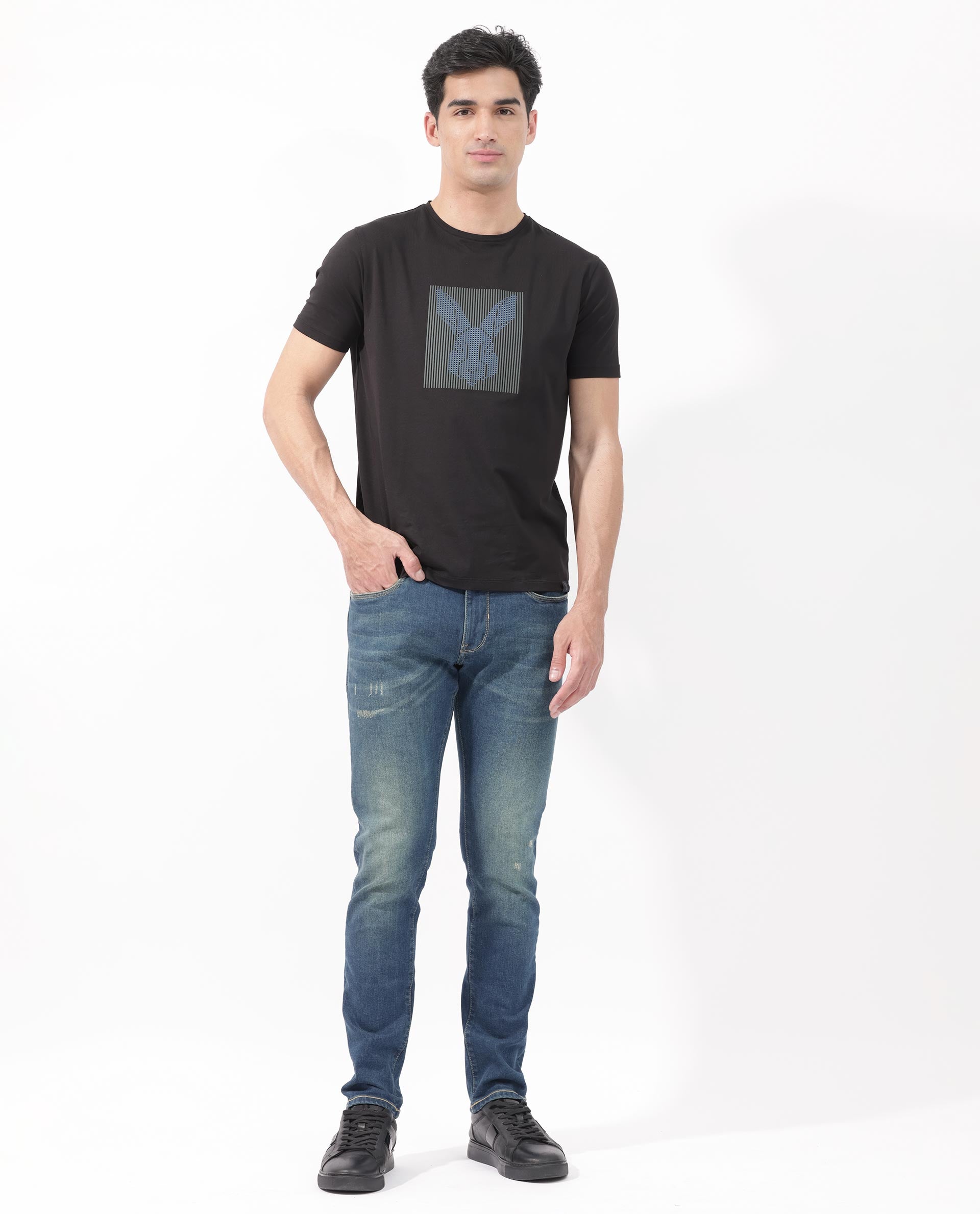Rare Rabbit Men's Kalon Black Cotton Lycra Fabric Half Sleeves Logo Graphic Print T-Shirt