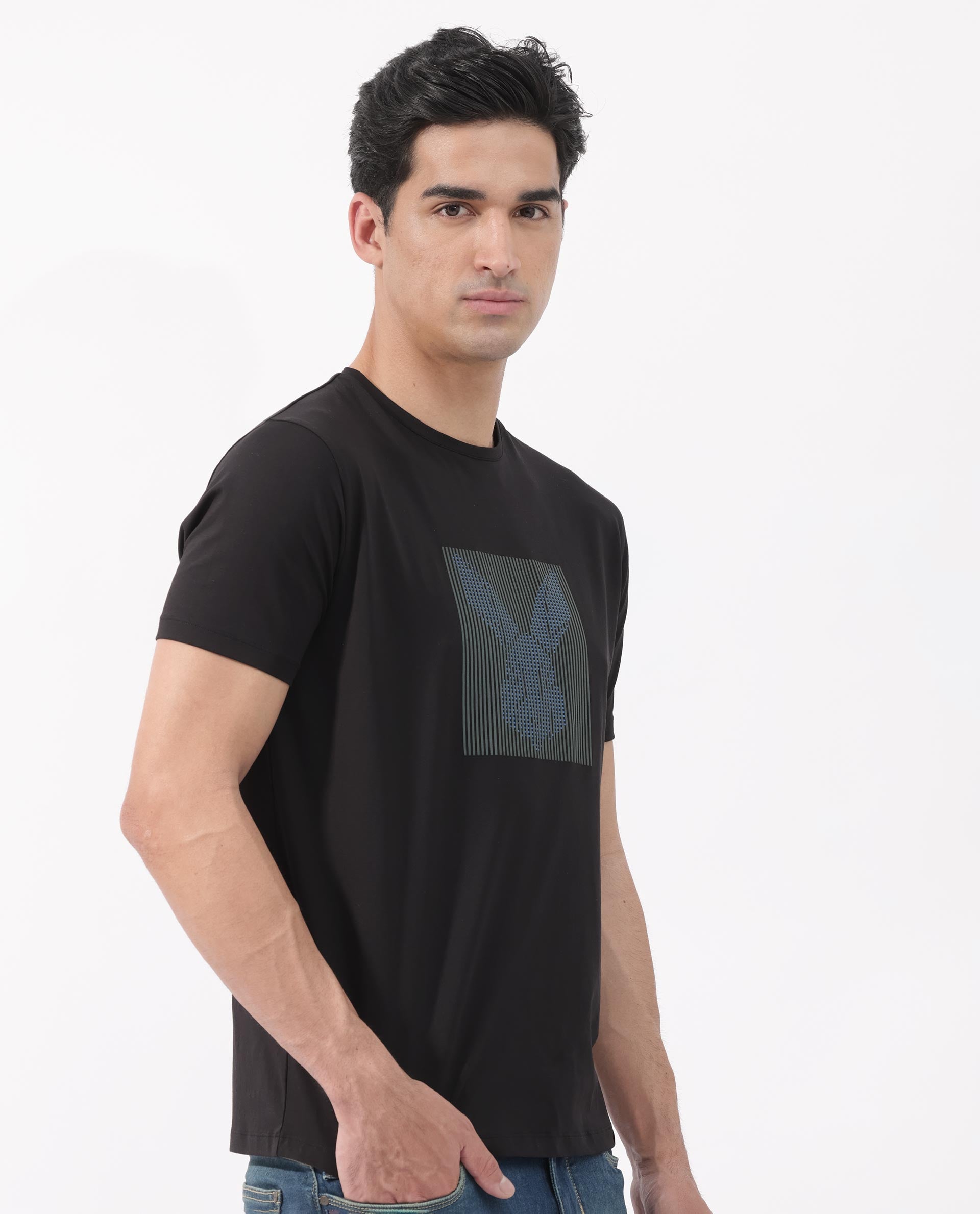 Rare Rabbit Men's Kalon Black Cotton Lycra Fabric Half Sleeves Logo Graphic Print T-Shirt