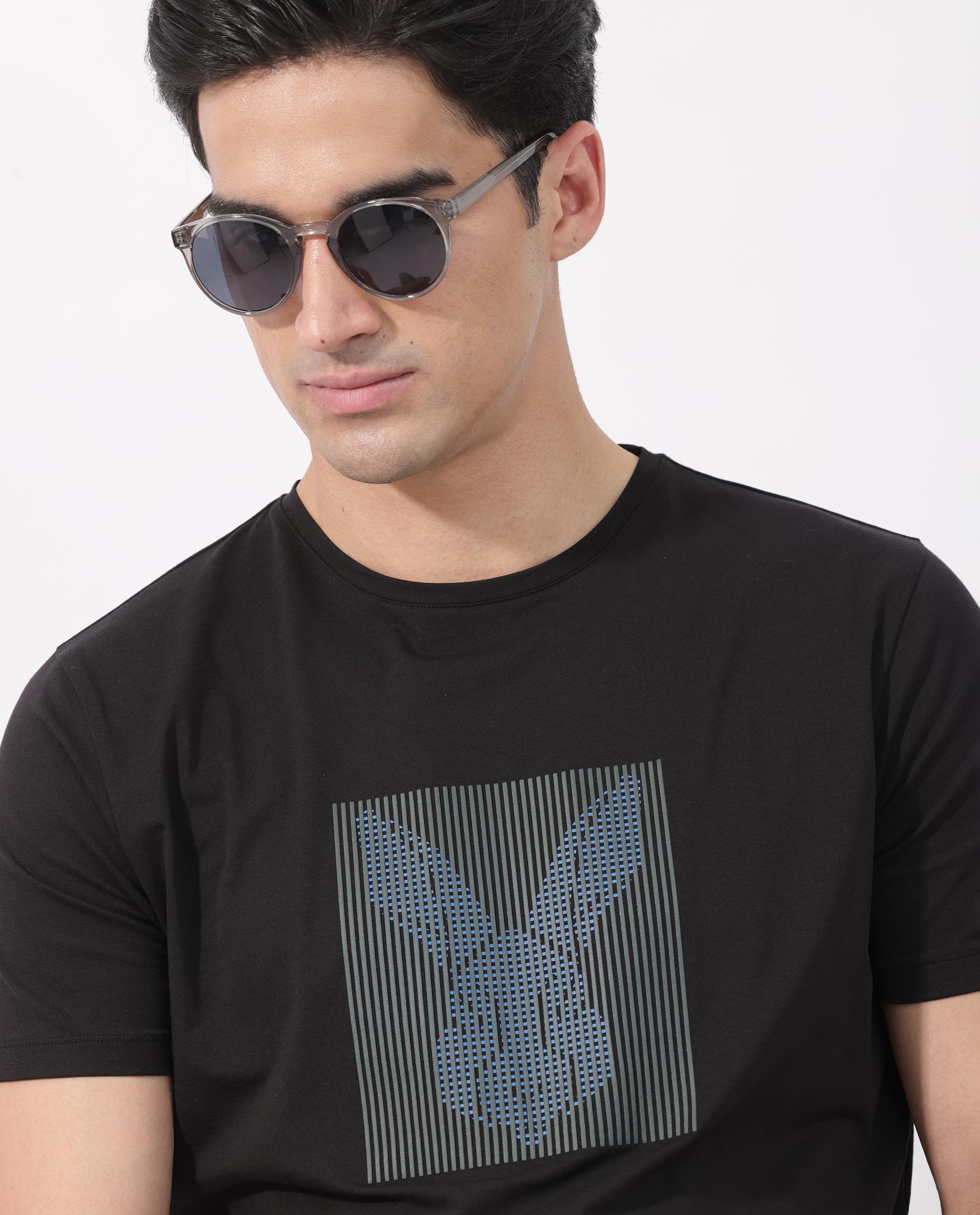 Rare Rabbit Men's Kalon Black Cotton Lycra Fabric Half Sleeves Logo Graphic Print T-Shirt