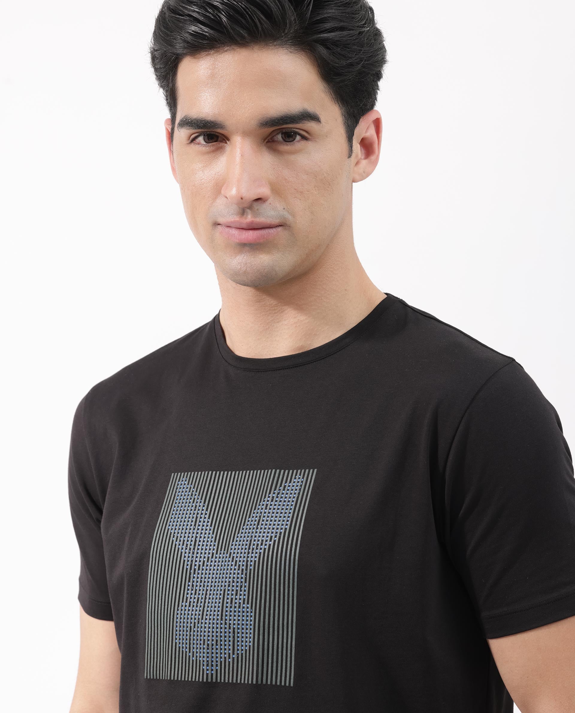 Rare Rabbit Men's Kalon Black Cotton Lycra Fabric Half Sleeves Logo Graphic Print T-Shirt