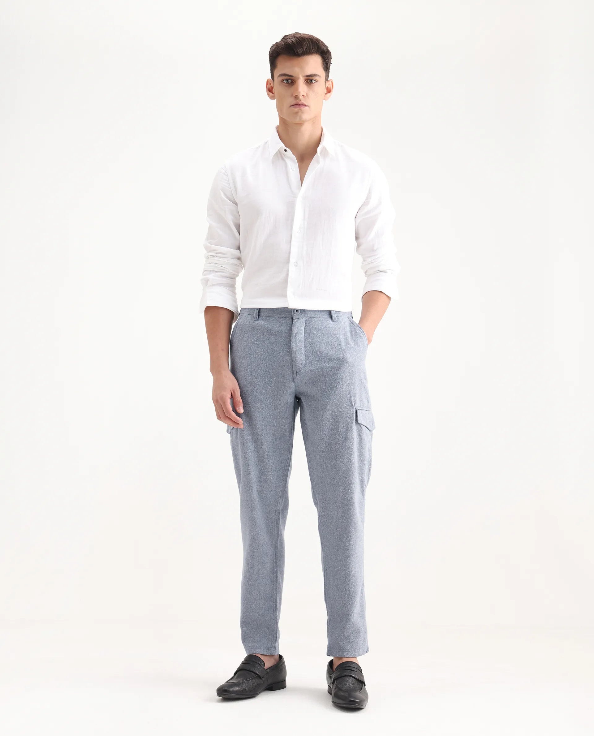 Rare Rabbit Men's Kalor Blue Cotton Plain Regular Fit Trouser