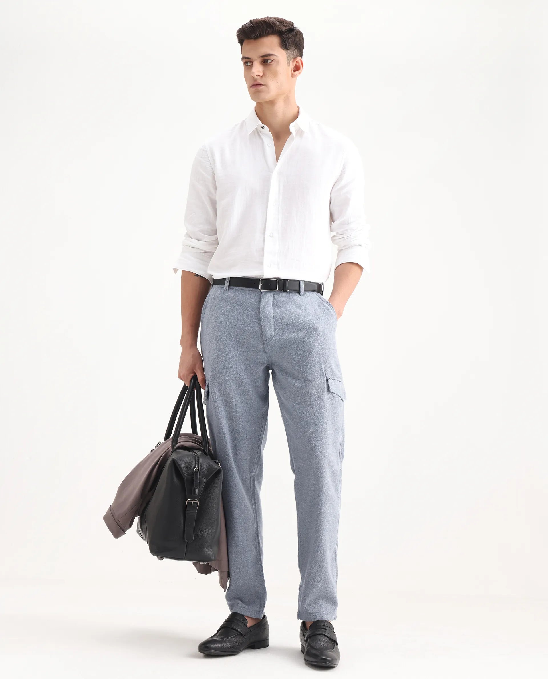 Rare Rabbit Men's Kalor Blue Cotton Plain Regular Fit Trouser