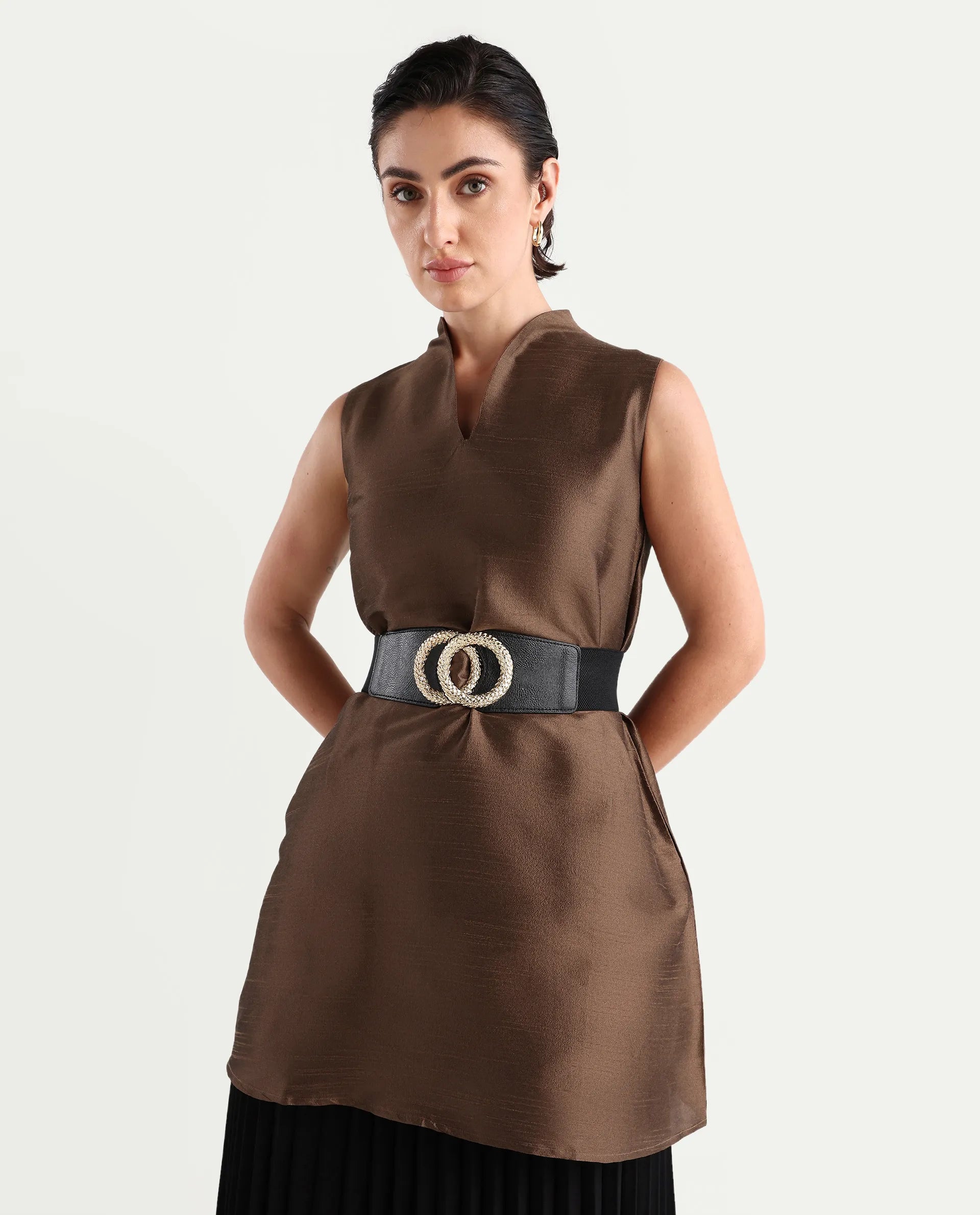 Rareism Women's Kamla Dark Brown Silk V-Neck Plain Sleeveless Knee Length Regular Fit Top