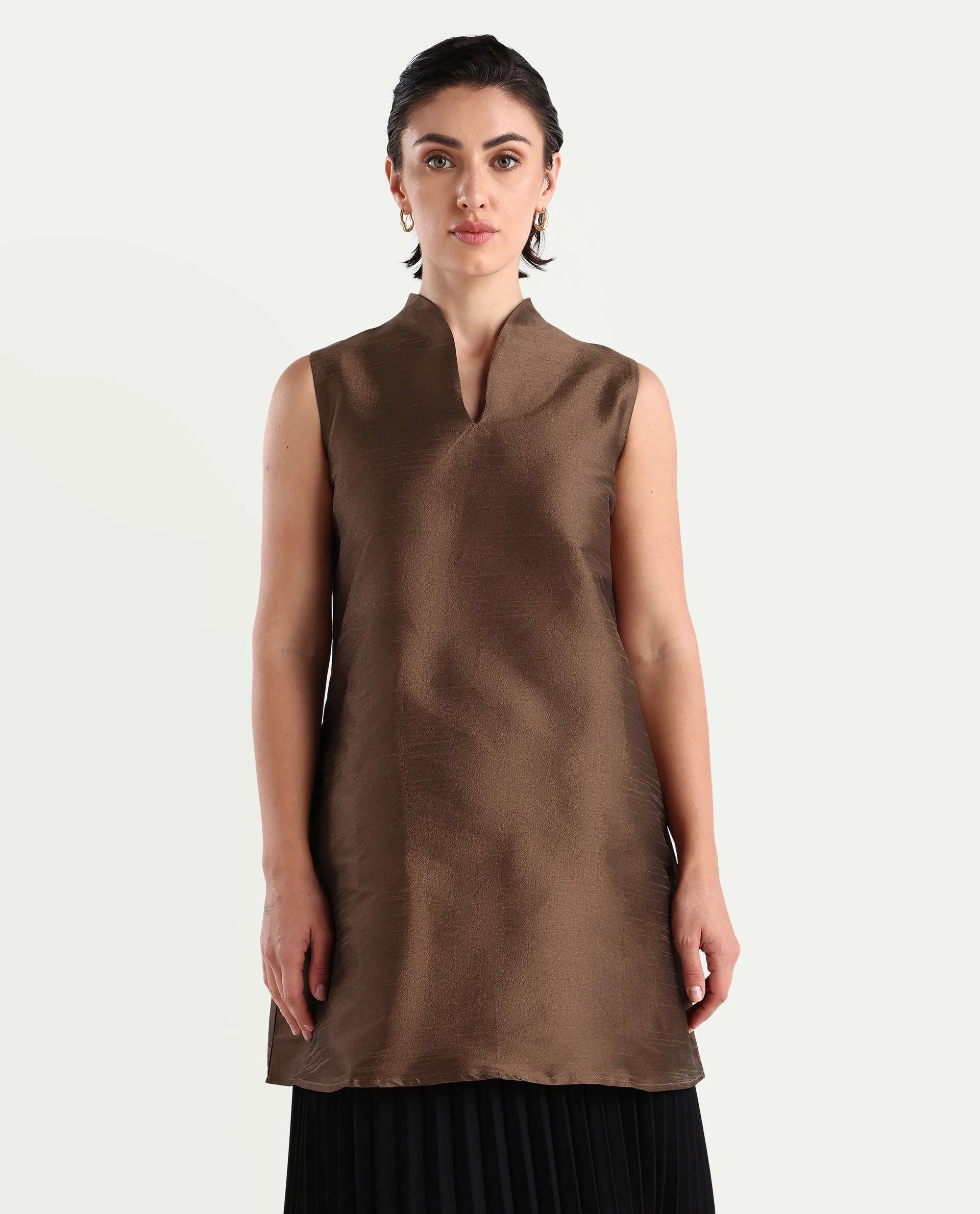 Rareism Women's Kamla Dark Brown Silk V-Neck Plain Sleeveless Knee Length Regular Fit Top