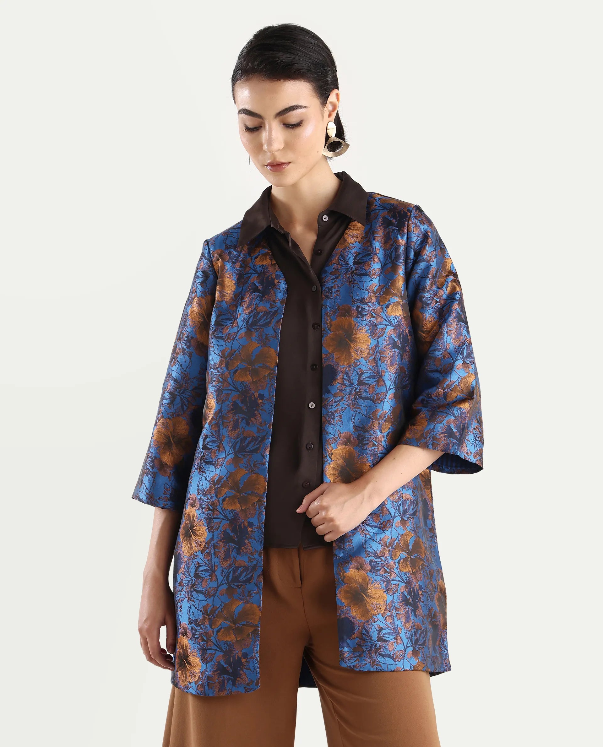 Rareism Women's Kamlay Multi Polyester Blend Collarless Jacquard Knee Length Regular Fit Jacket