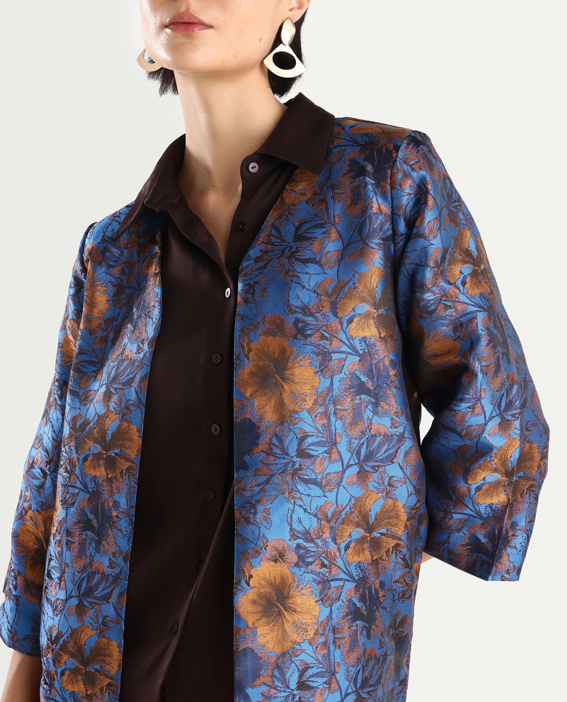 Rareism Women's Kamlay Multi Polyester Blend Collarless Jacquard Knee Length Regular Fit Jacket