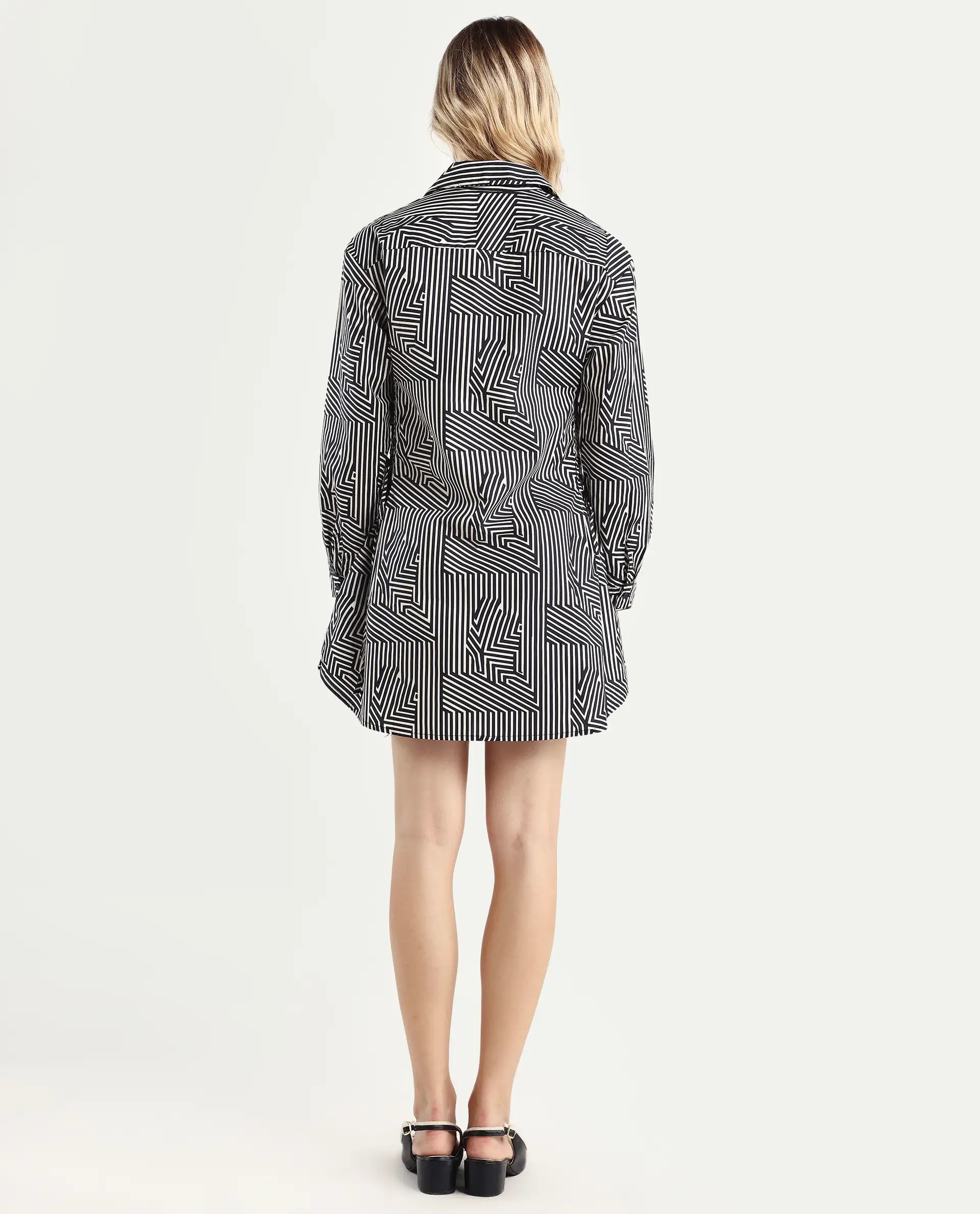 Rareism Women's Kamy Black Cotton Drop Collar Geometric Print Cuffed Sleeve Mini Regular Fit Dress