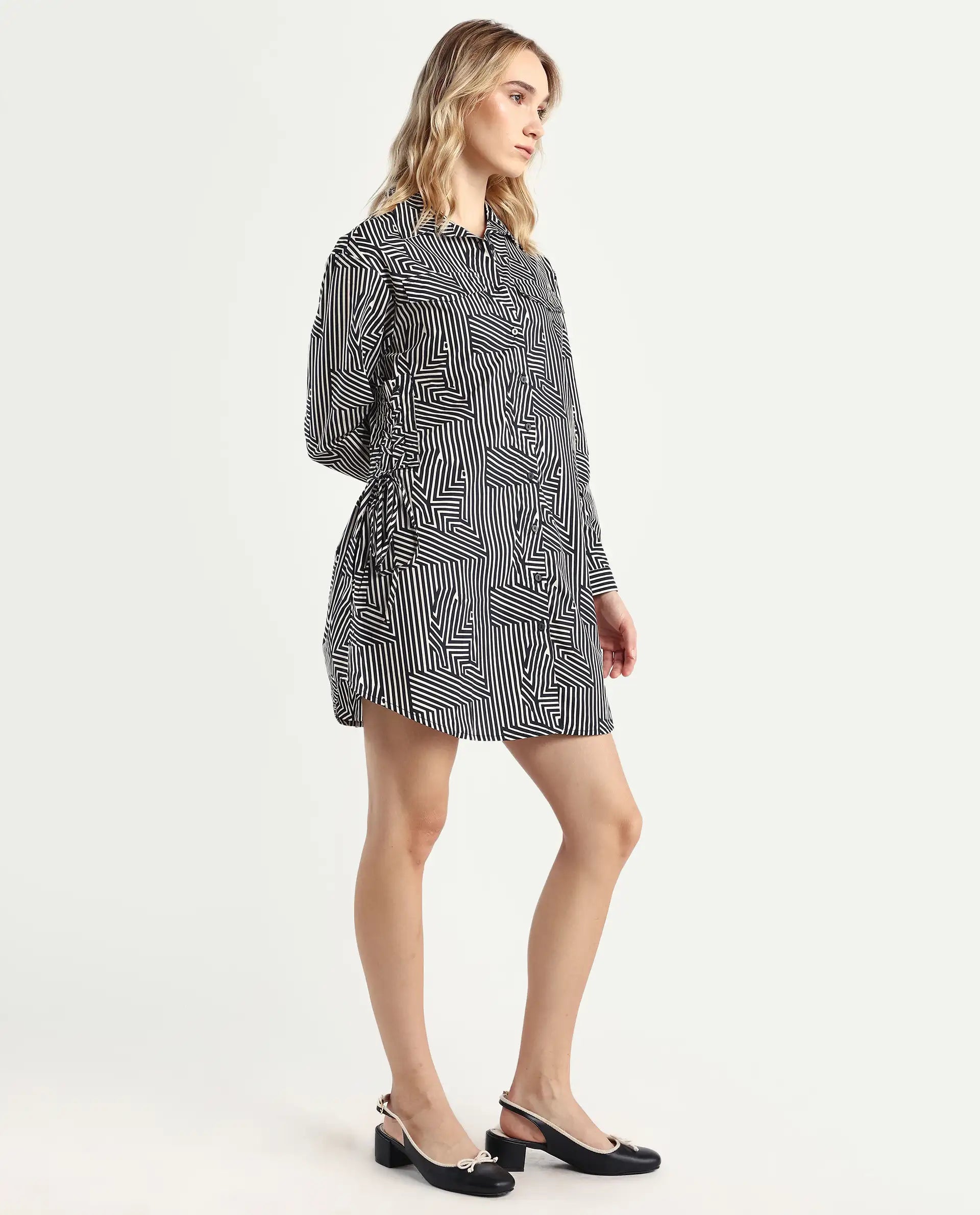 Rareism Women's Kamy Black Cotton Drop Collar Geometric Print Cuffed Sleeve Mini Regular Fit Dress