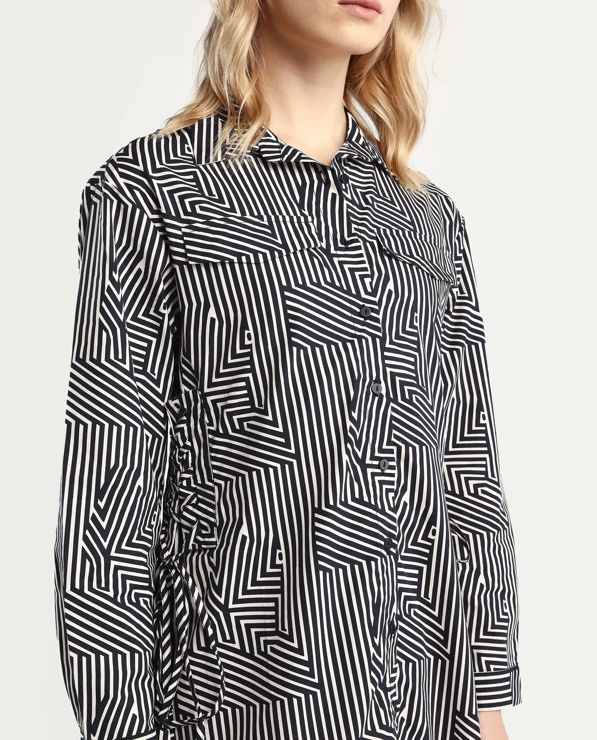 Rareism Women's Kamy Black Cotton Drop Collar Geometric Print Cuffed Sleeve Mini Regular Fit Dress