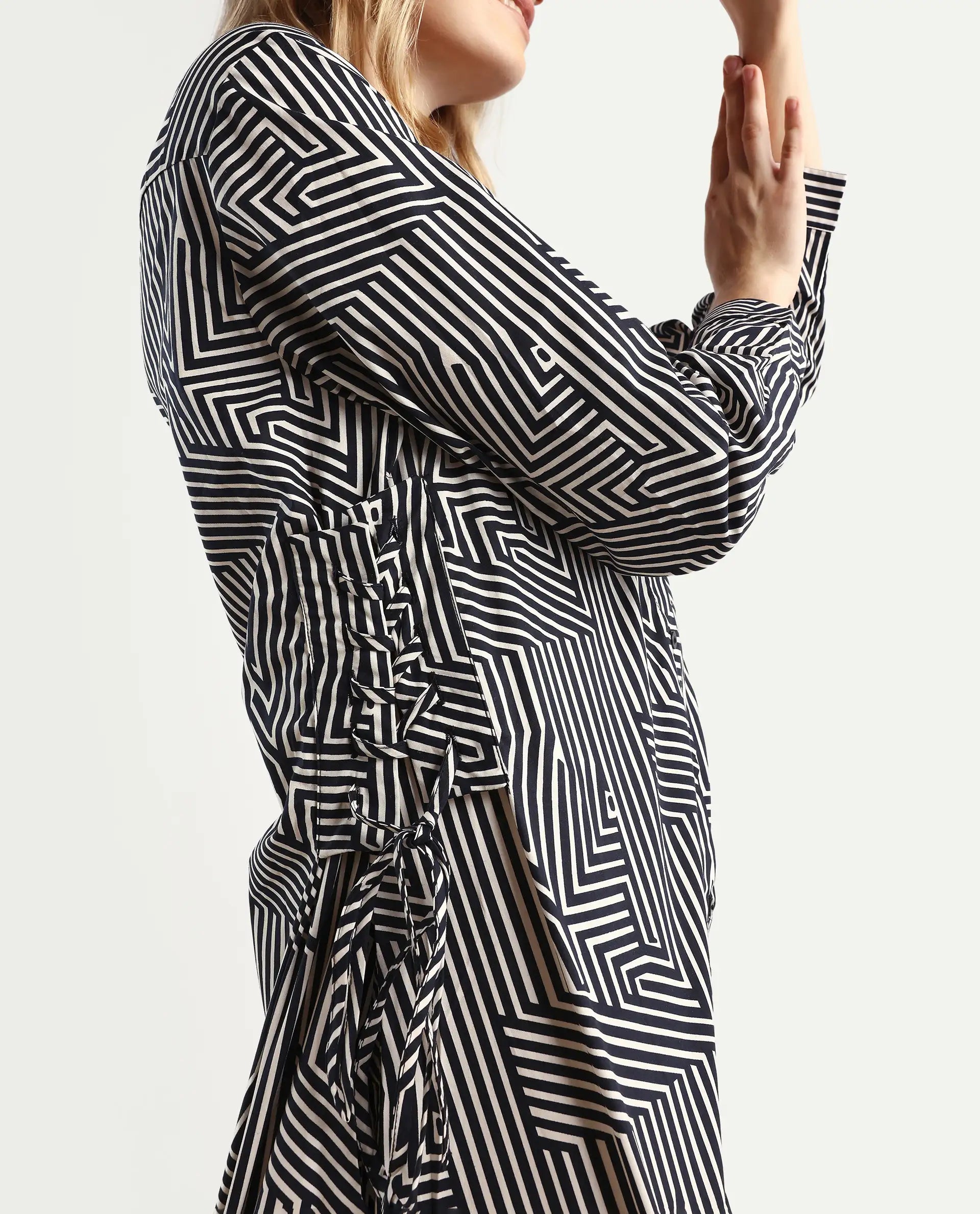 Rareism Women's Kamy Black Cotton Drop Collar Geometric Print Cuffed Sleeve Mini Regular Fit Dress