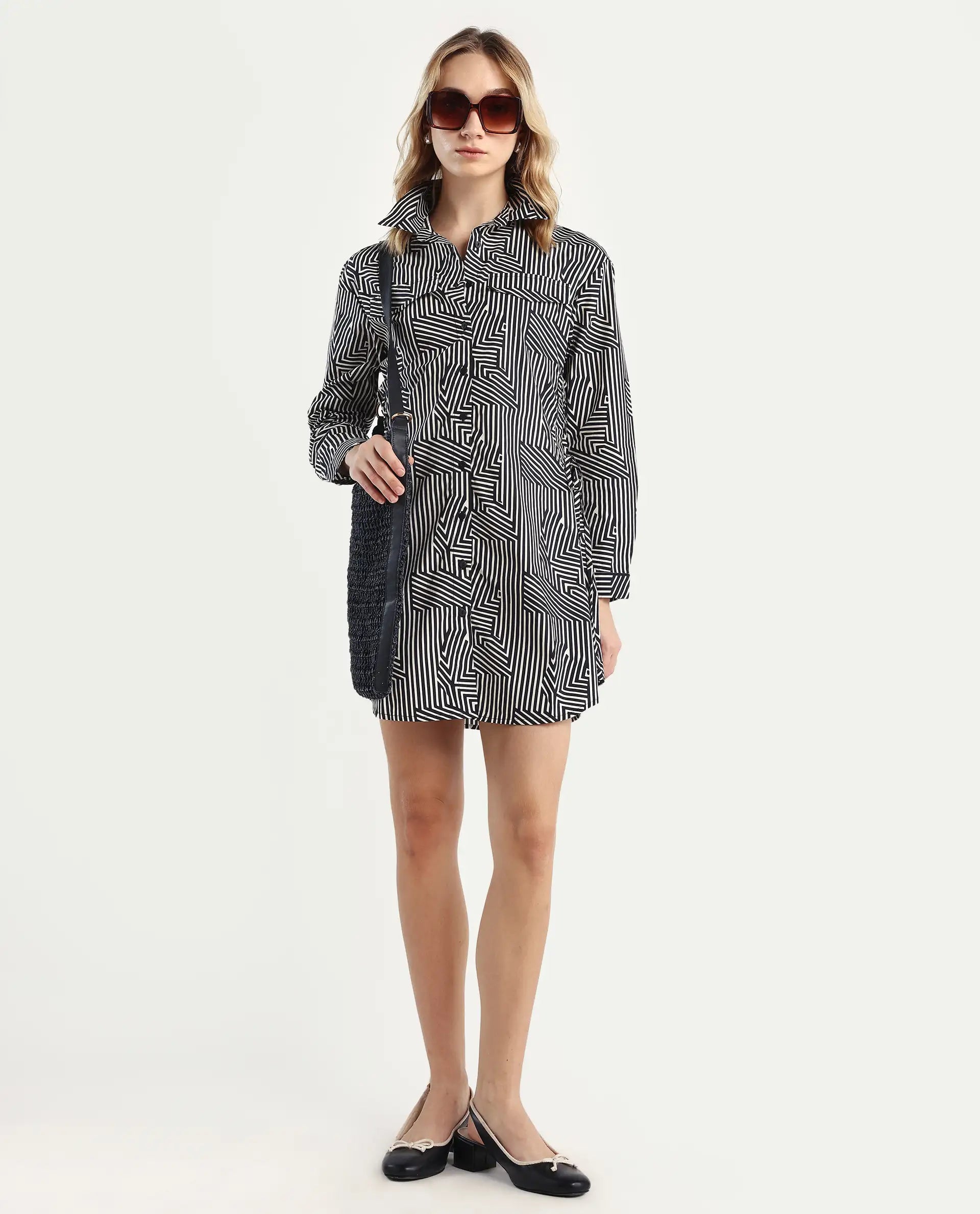 Rareism Women's Kamy Black Cotton Drop Collar Geometric Print Cuffed Sleeve Mini Regular Fit Dress