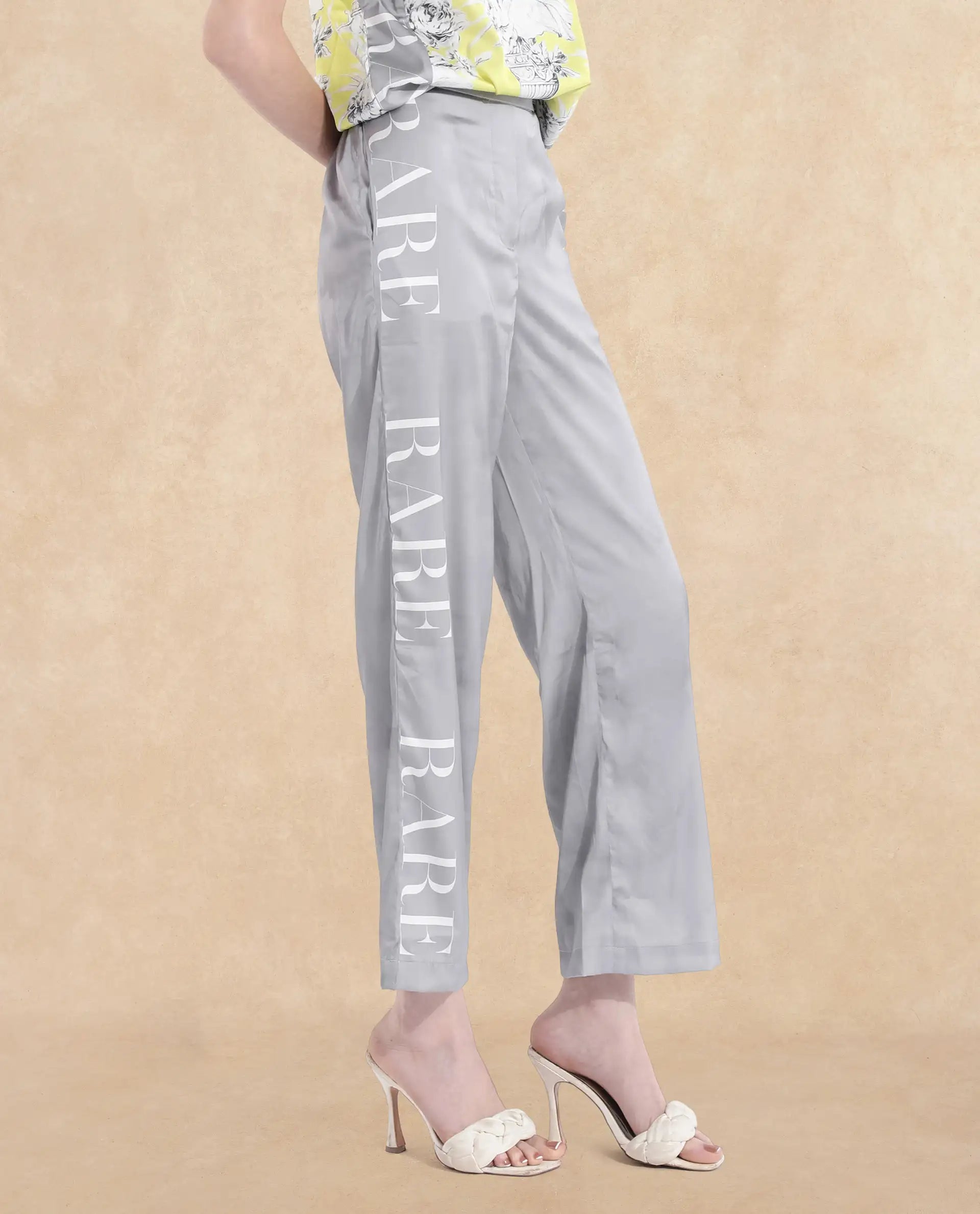 Rareism Women's Kanadio-B Light Grey Polyester Floral Print Ankle Length Straight Fit Trouser