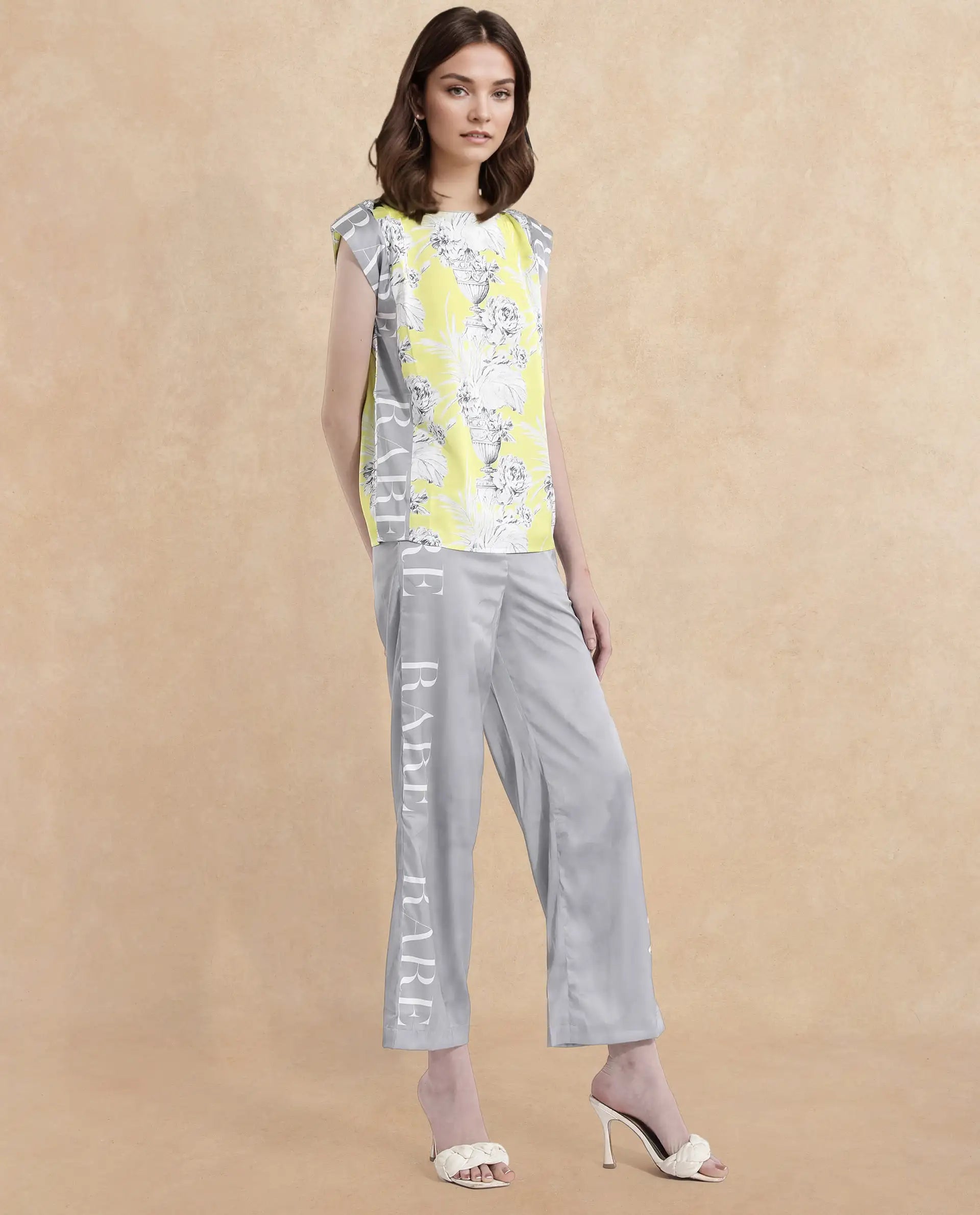 Rareism Women's Kanadio-T Yellow Polyester Boat Neck Floral Print Extended Sleeves Regular Fit Top