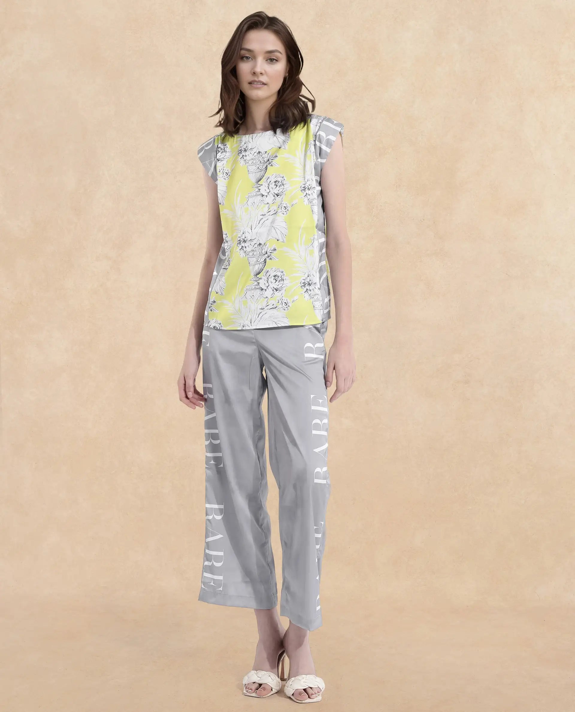 Rareism Women's Kanadio-B Light Grey Polyester Floral Print Ankle Length Straight Fit Trouser