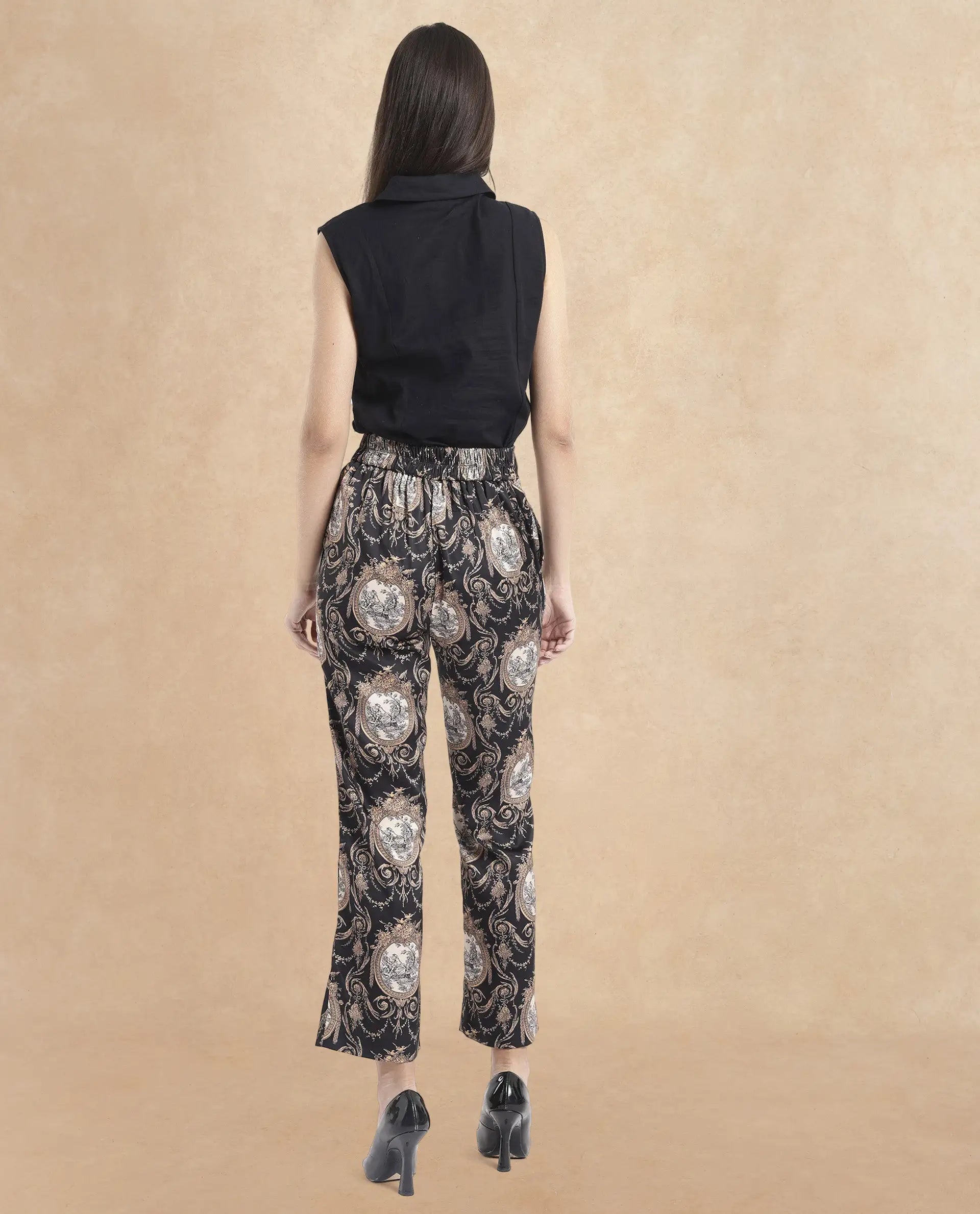 Rareism Women Kanama-B Black Tie Up Straight Fit Ornamental Print Ankle Length Trouser