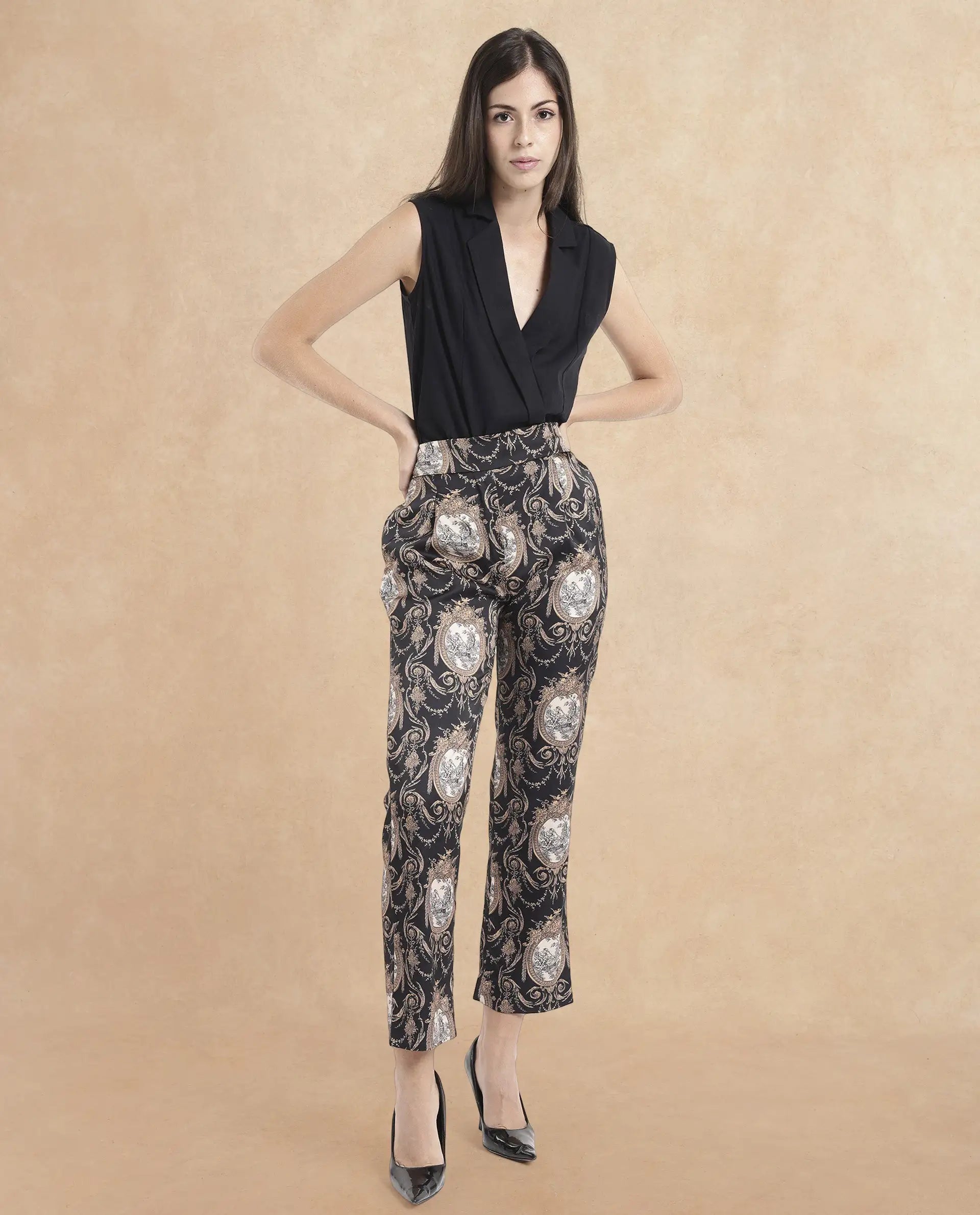 Rareism Women Kanama-B Black Tie Up Straight Fit Ornamental Print Ankle Length Trouser