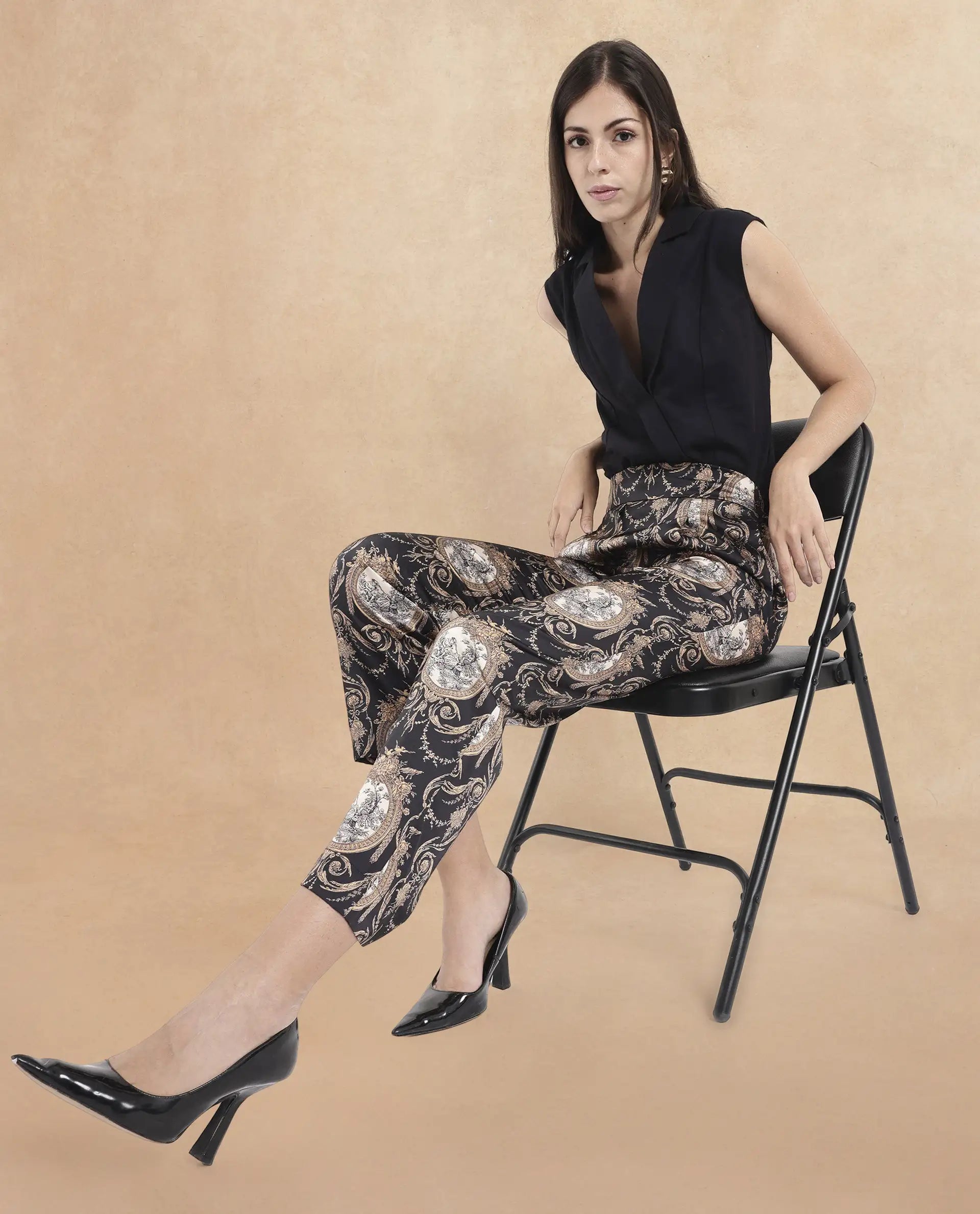 Rareism Women Kanama-B Black Tie Up Straight Fit Ornamental Print Ankle Length Trouser